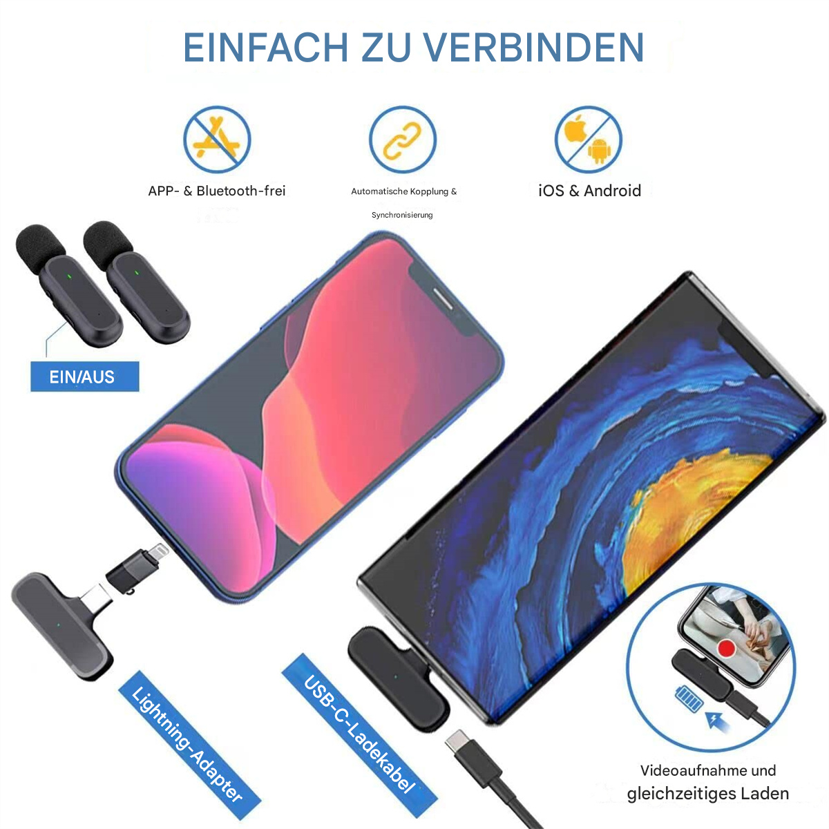 Zwei Telefone und Ladegeräte, die mit Lightning- und USB-C-Kabeln verbunden sind.