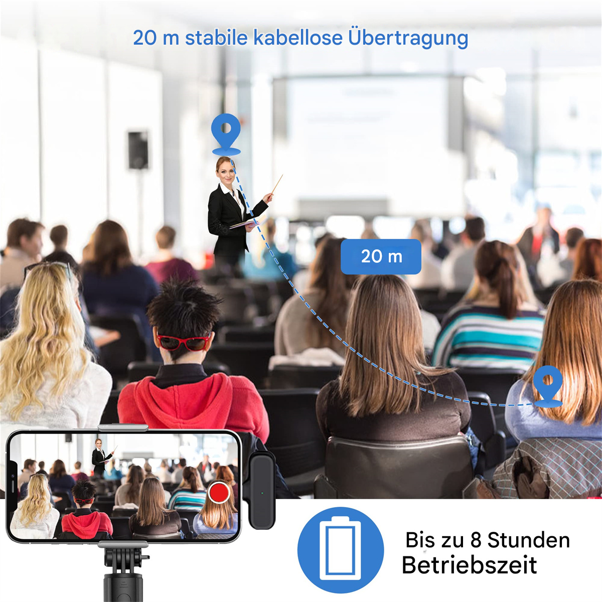 Eine Frau präsentiert einem Publikum per Smartphone-Aufzeichnung. Kleines Mikrofon und Akkusymbol auf dem Bildschirm.