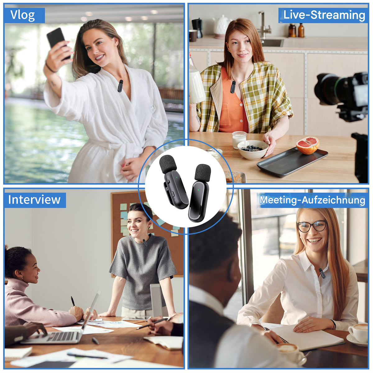 Vier Bilder eines drahtlosen Mikrofons im Einsatz: Vlogging, Live-Streaming, Interview und Meeting.