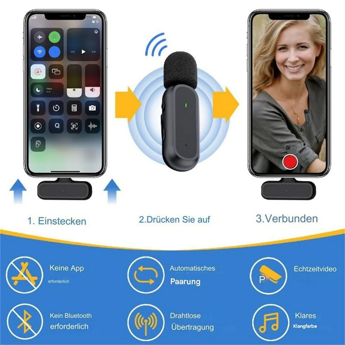 Drahtloses Mikrofon, das mit zwei Telefonen zum Aufnehmen verbunden ist. Schritte zeigen Einstecken, Koppeln und Aufnehmen.