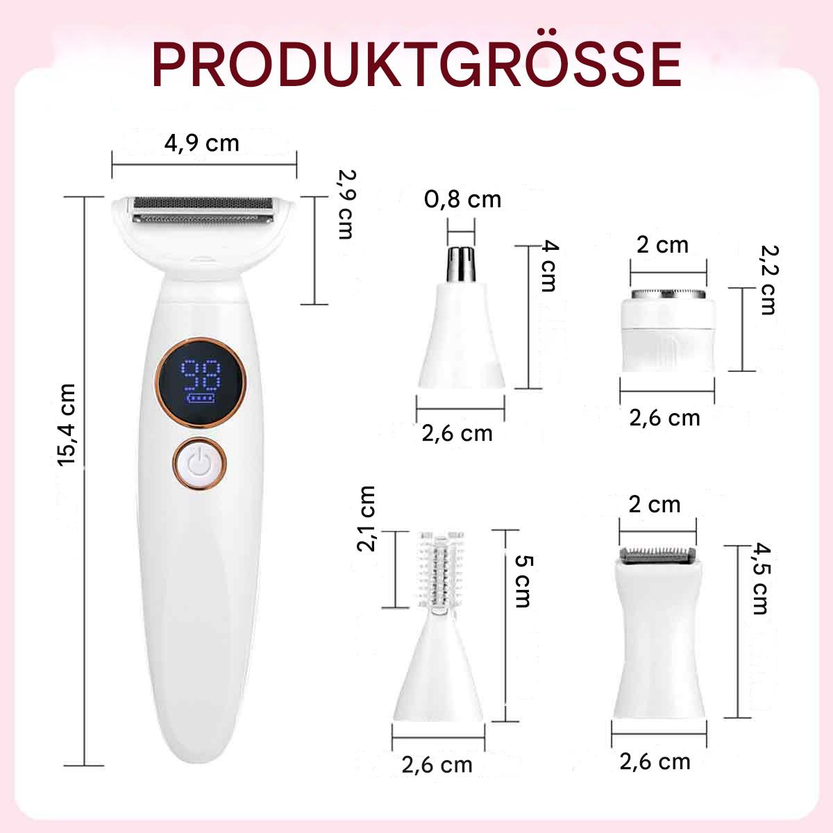 Diagramm eines Elektrorasierers mit Abmessungen der Teile, einschließlich Kopf und Aufsätze.