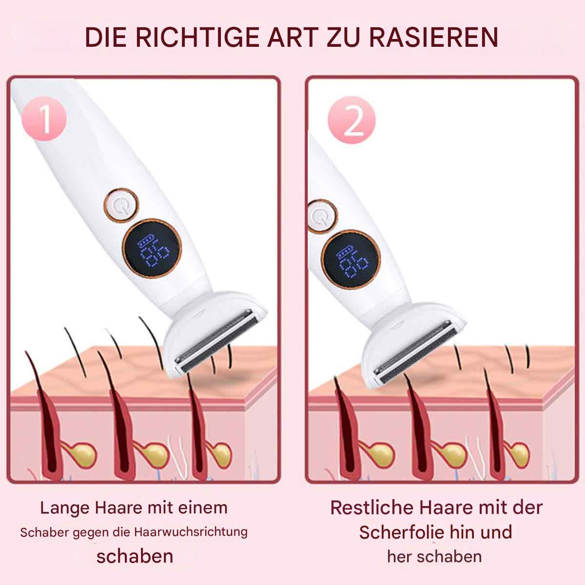 Diagramm, das einen Rasierer zeigt, der Haare schneidet, mit Text auf Deutsch. Schritt 1: Lange Haare, Schritt 2: Restliche Haare.