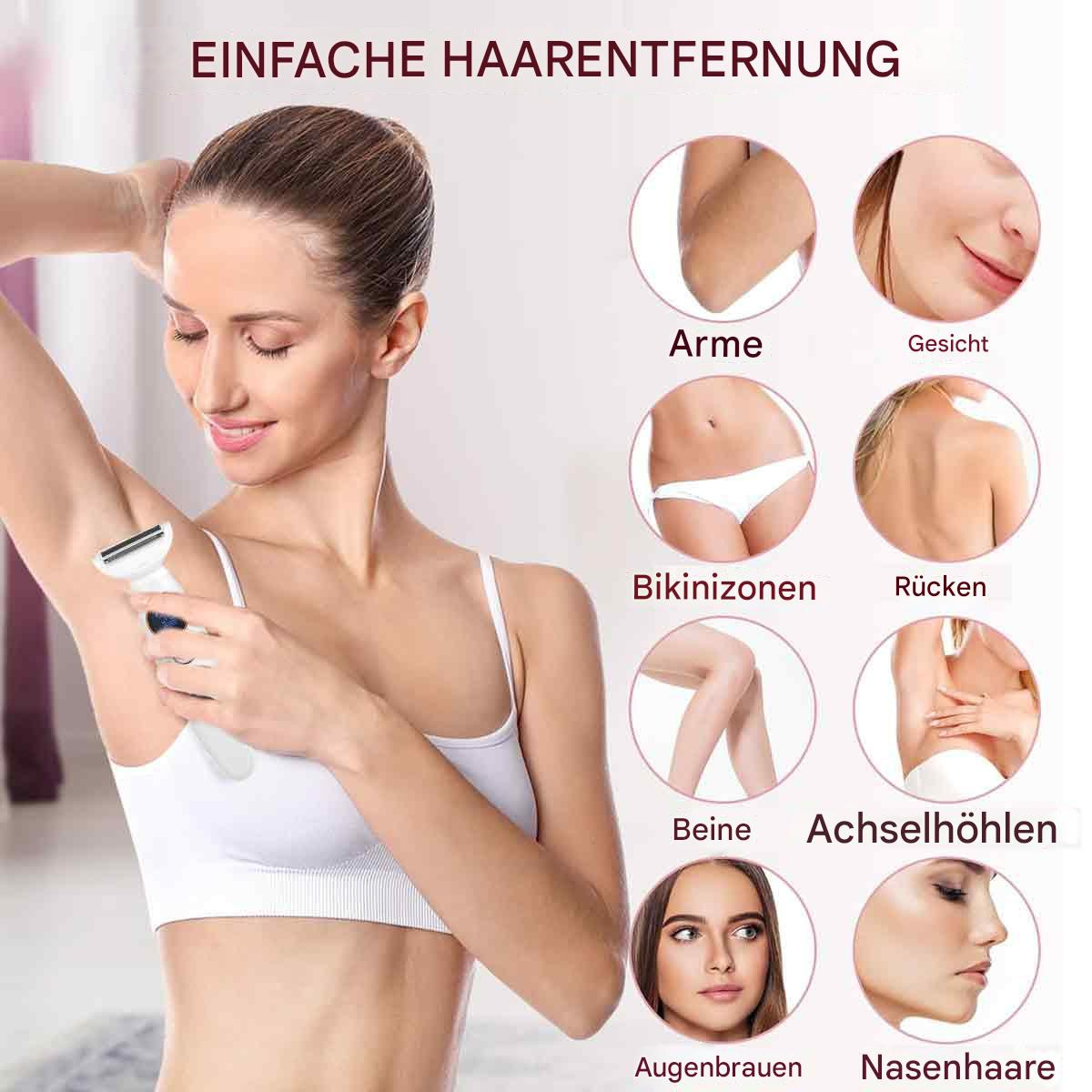 Frau benutzt Haarentfernungsgerät, Diagramme zeigen Bereiche für Haarentfernung.