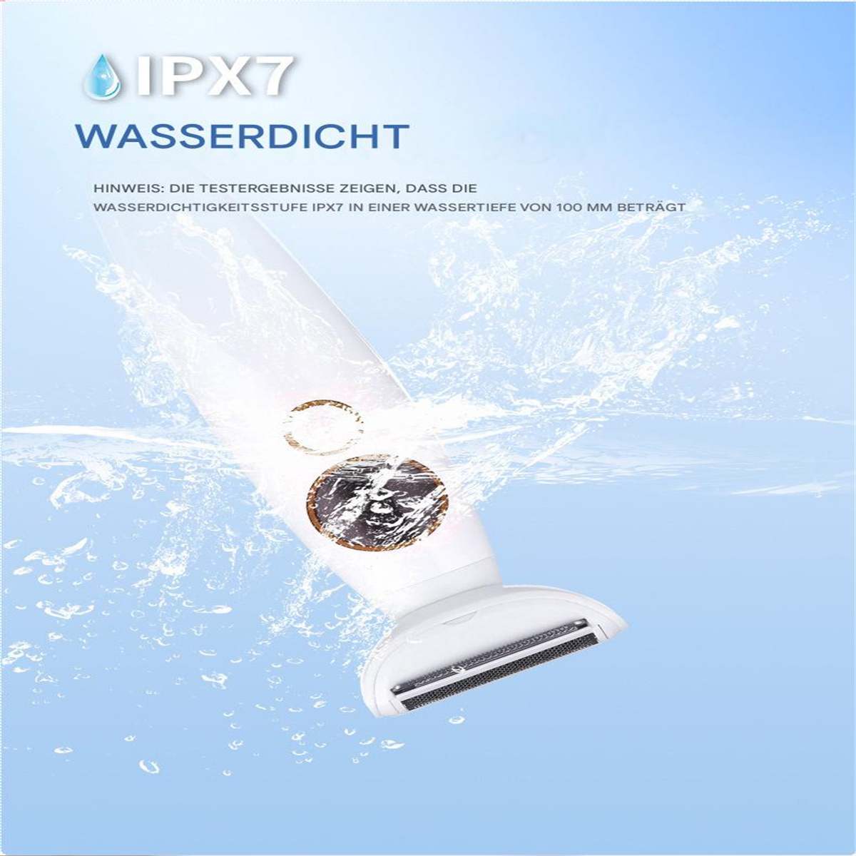 Weißes Rasiergerät mit Wasserspritzern. Blauer Hintergrund mit deutschem Text.