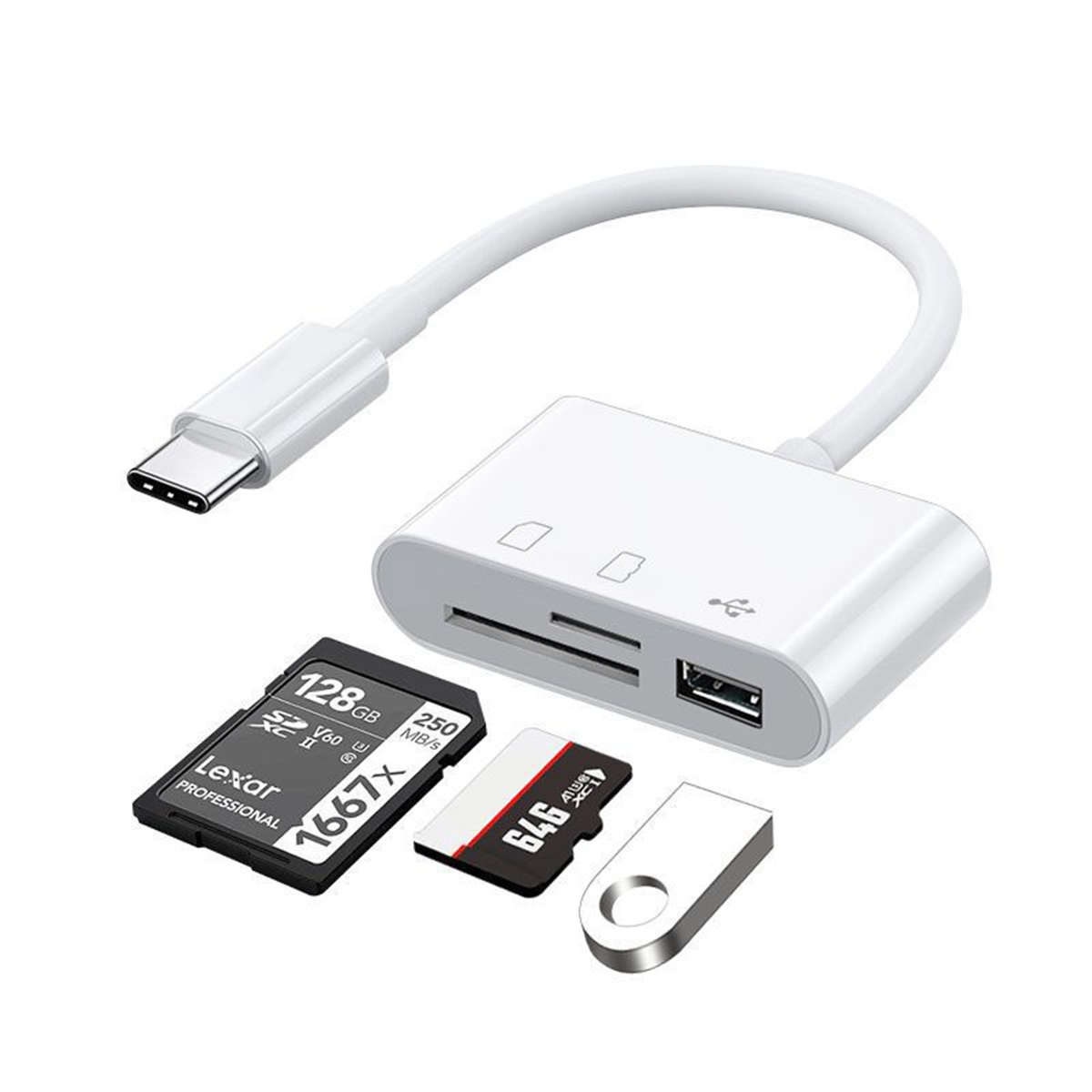 Weißer Adapter mit USB- und SD-Kartensteckplätzen sowie SD-Karten und USB-Laufwerk.