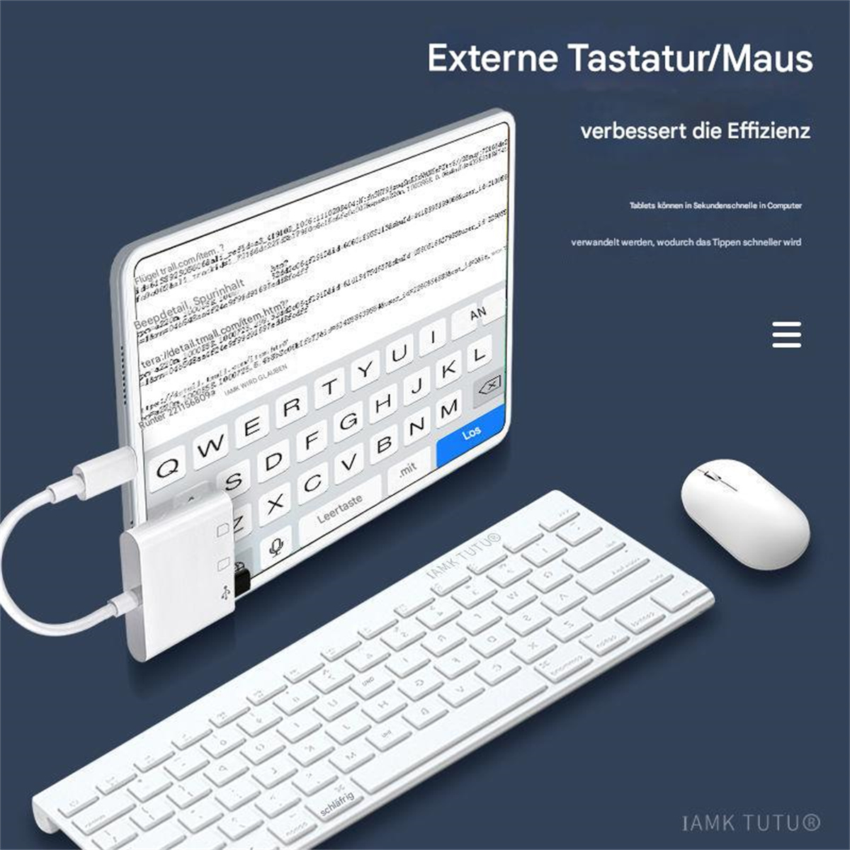 Tablet mit Tastatur und Maus. Text: Externe Tastatur/Maus. Tablet zeigt eine Website mit Text.