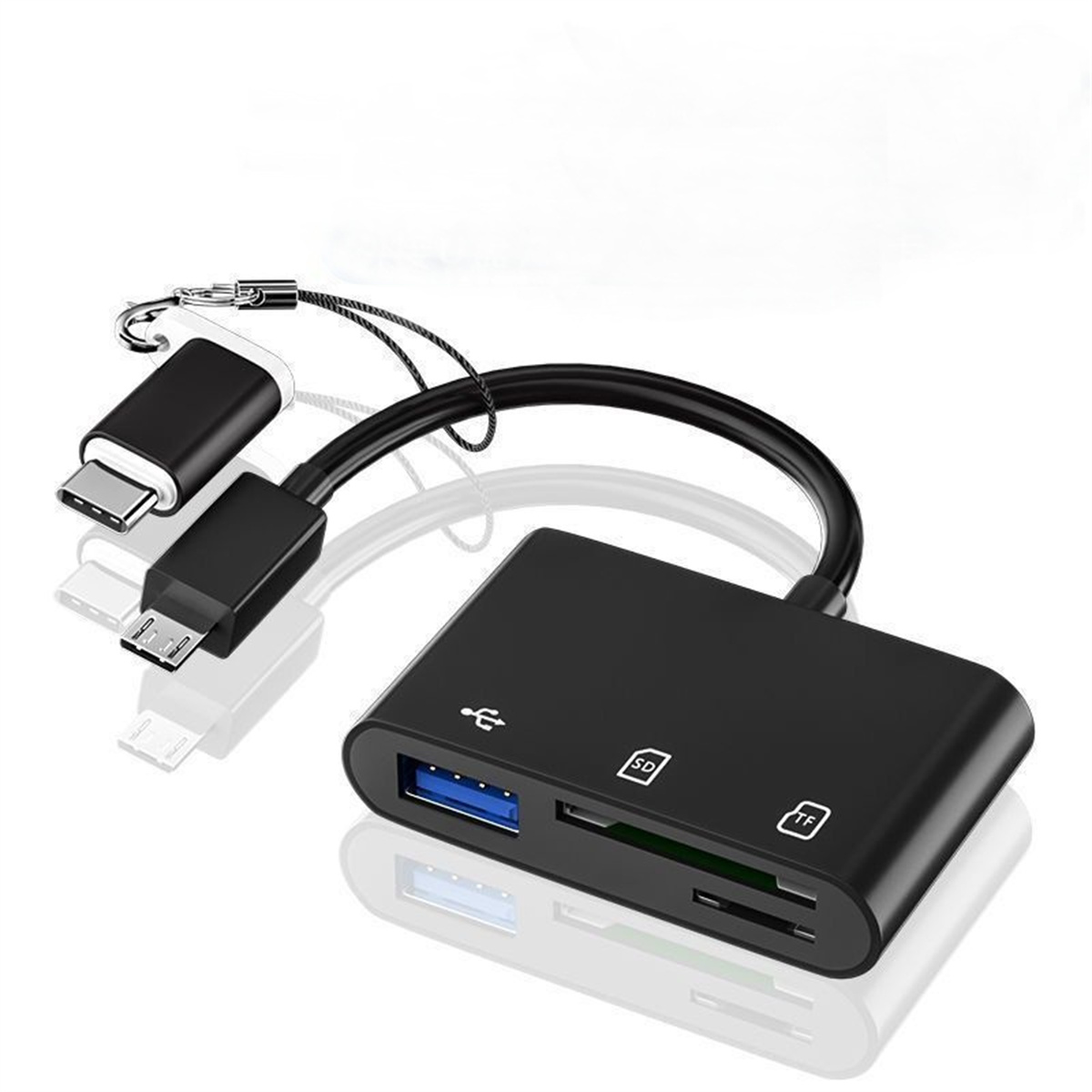 Schwarzer Multiport-Adapter mit verschiedenen Anschlüssen und Kabeln. USB, SD und Micro-USB.
