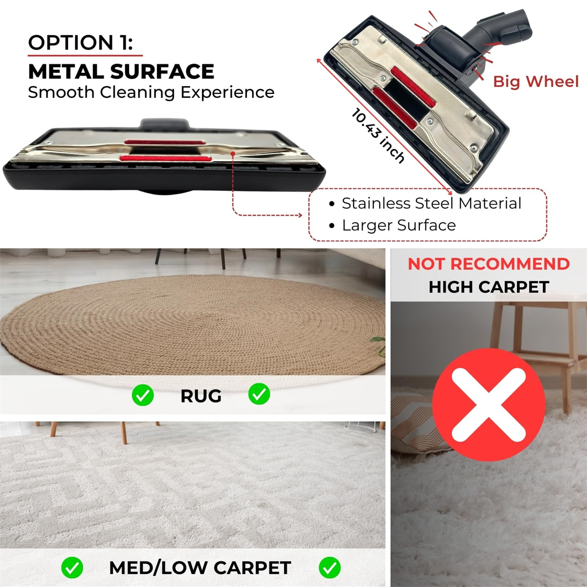Staubsaugerkopf mit Edelstahl, empfohlen für Teppich und niedrigen Teppich, nicht für Hochflor.