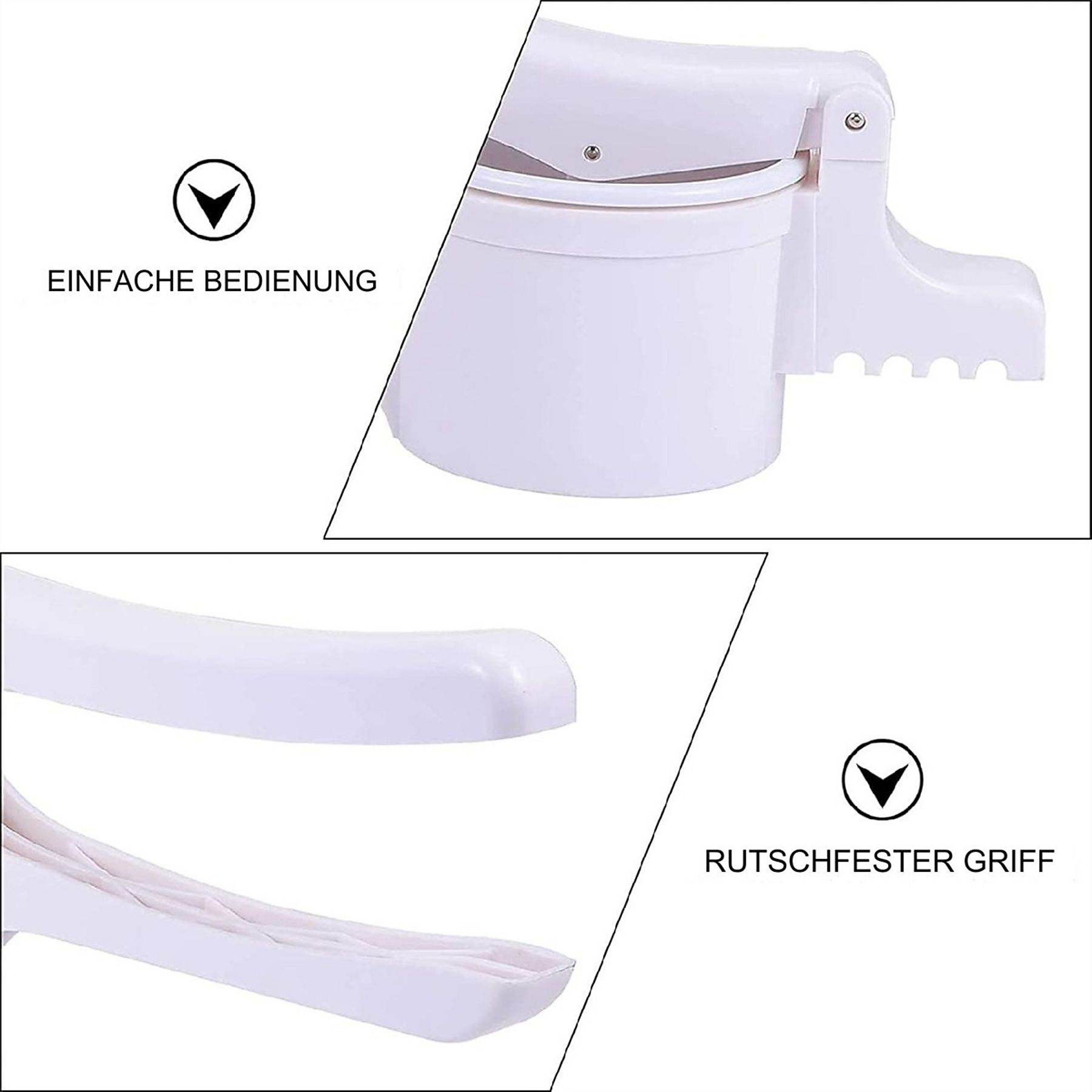 Weiße Lebensmittelpresse, mit Griff, und den Etiketten 'Einfache Bedienung' und 'Rutschfester Griff'.