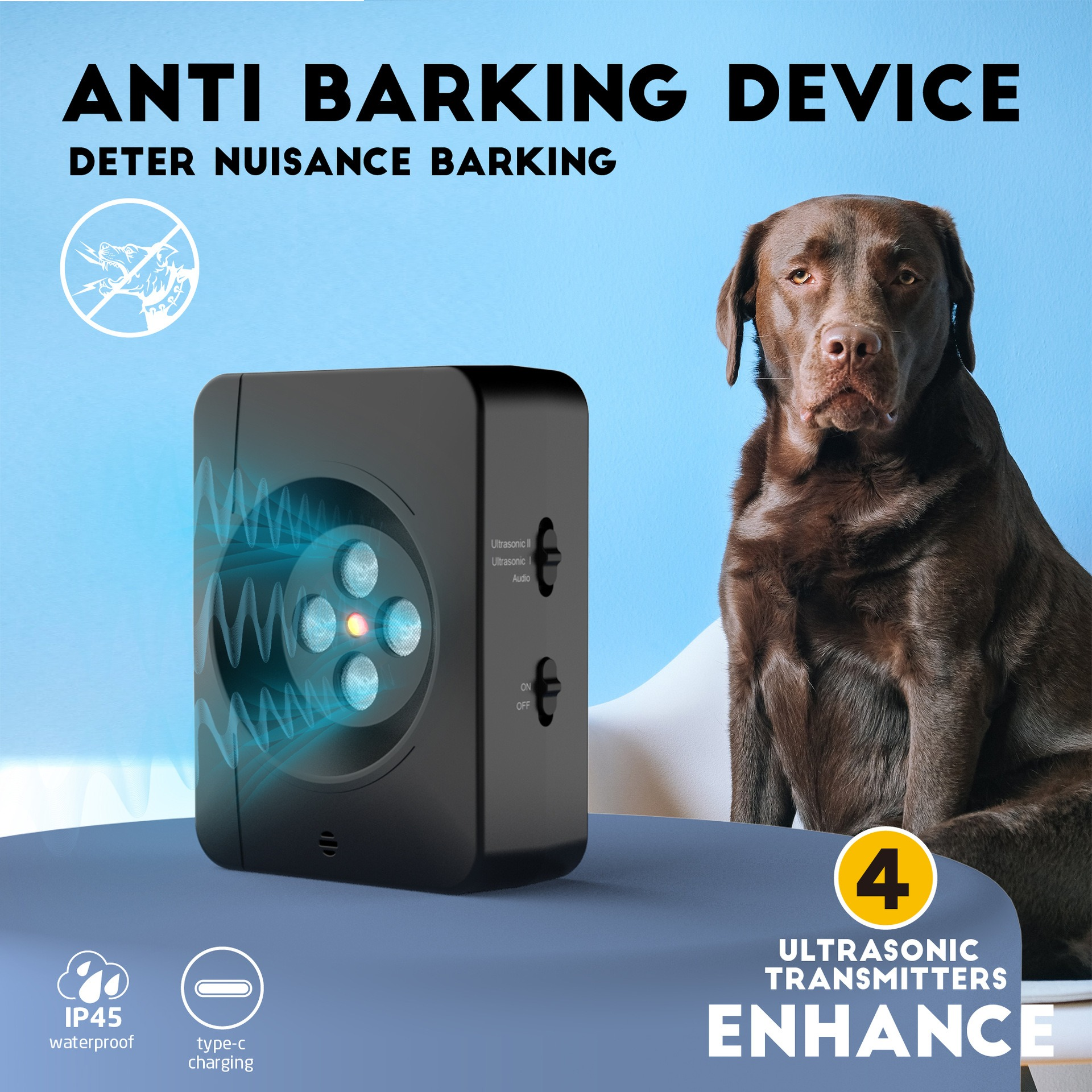 Schwarzes Anti-Bell-Gerät mit Hund rechts. Text: Anti-Bell-Gerät, belästigendes Bellen verhindern.