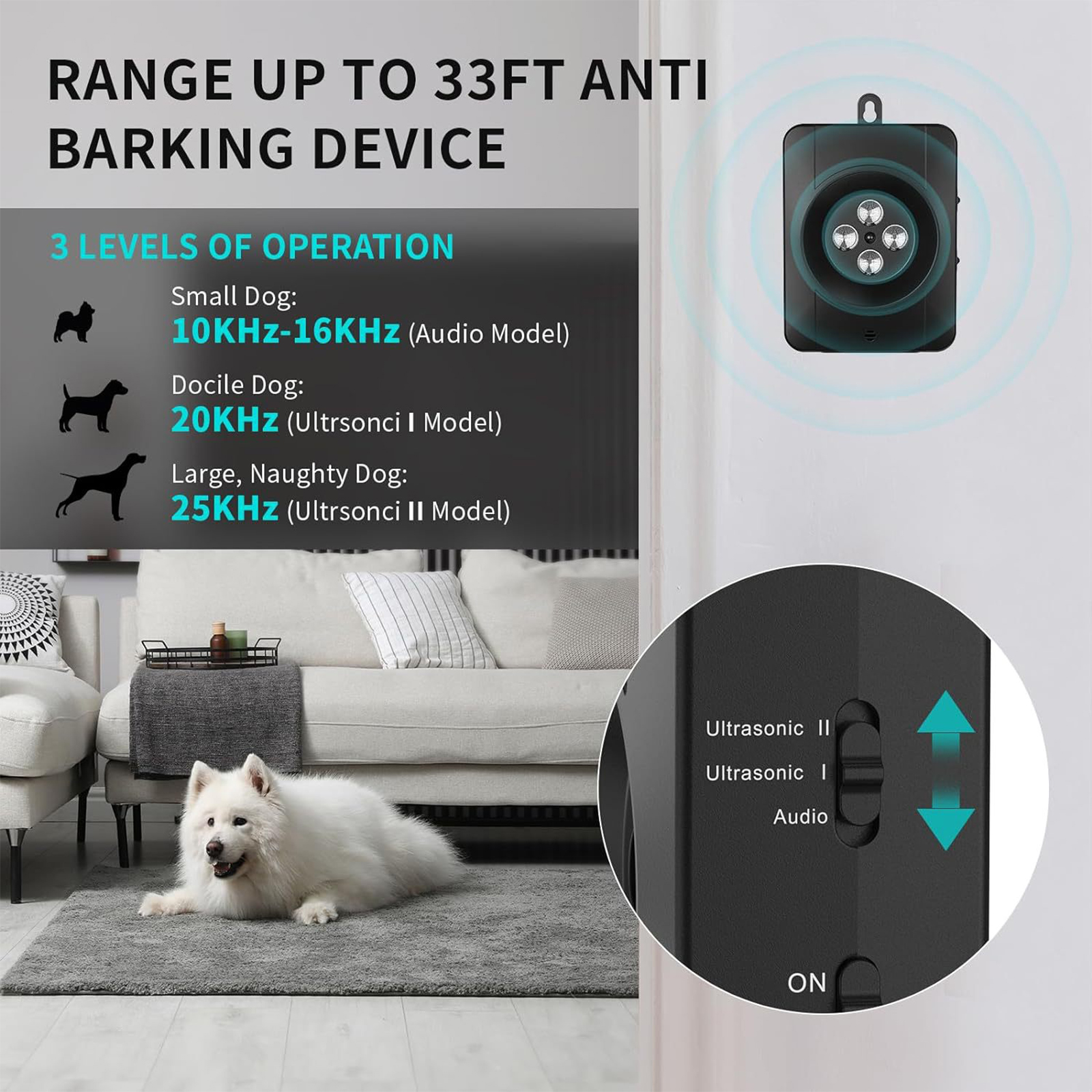 Gerät gegen Bellen mit Einstellungen für verschiedene Hundegrößen, neben einem Hund auf einem Teppich.