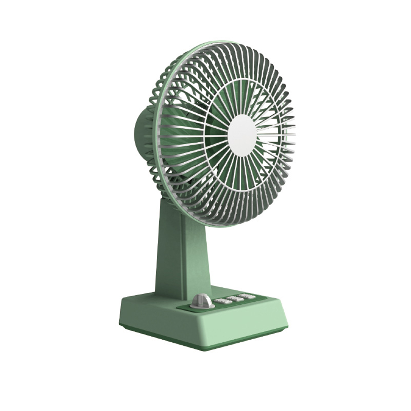 Grüner Tischventilator mit weißen Flügeln auf grünem Ständer. Knöpfe an der Basis.