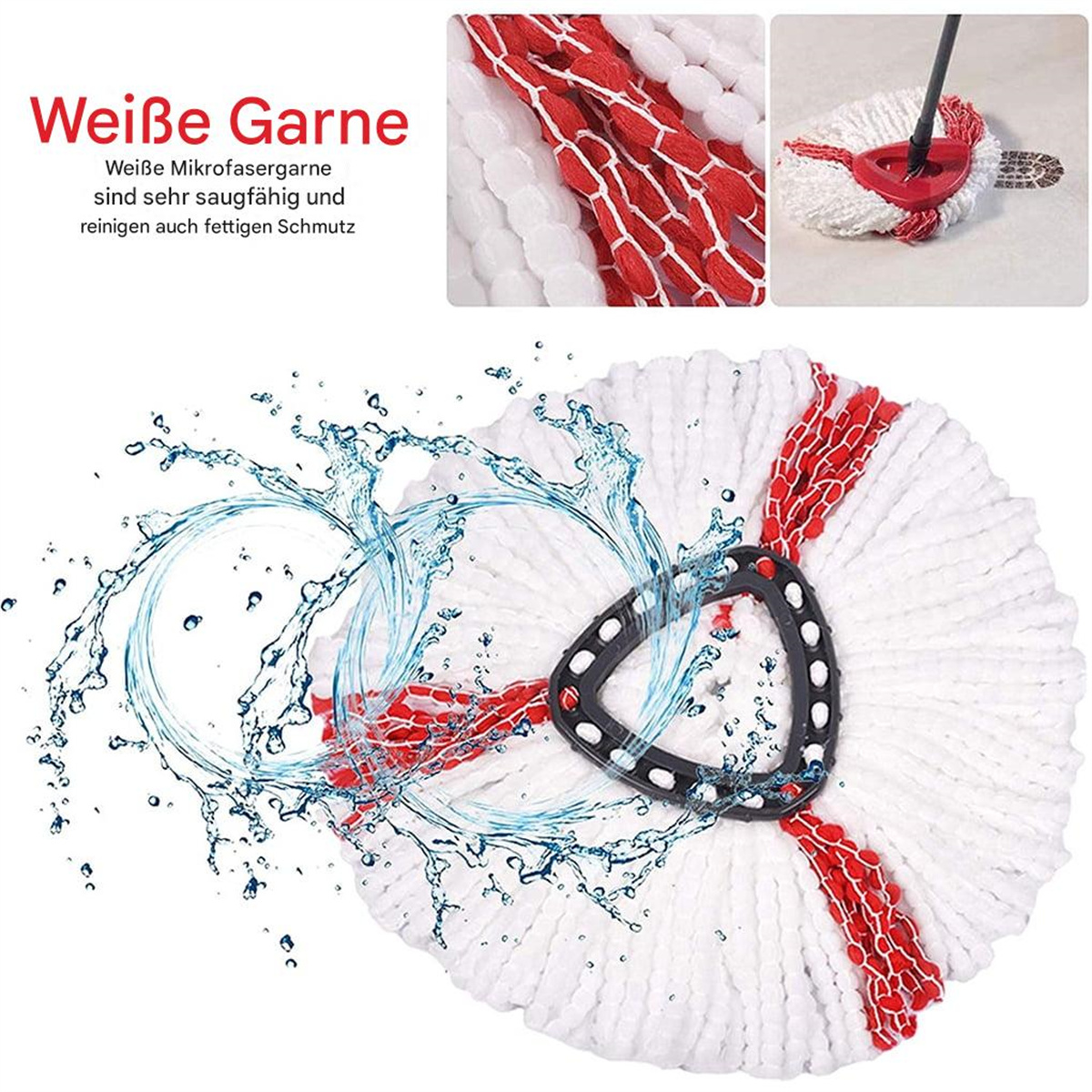 Ein weißer und roter Moppkopf mit Wasser, das um ihn herum spritzt. Der Mopp hat einen schwarz-weißen Griff.