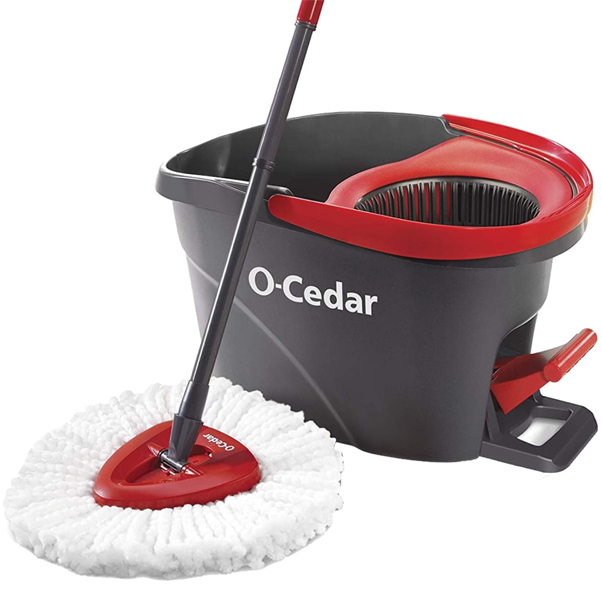 Ein Wischmopp- und Eimer-Set, schwarz und rot, mit dem O-Cedar-Logo auf dem Eimer.