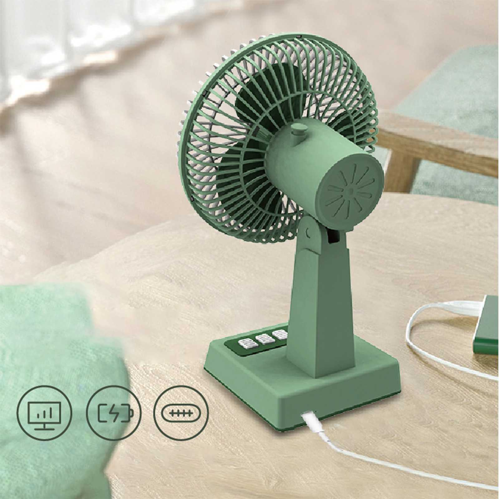 Grüner tragbarer Ventilator mit Strom- und Ladesymbolen. Weißes Kabel eingesteckt. Isoliert.