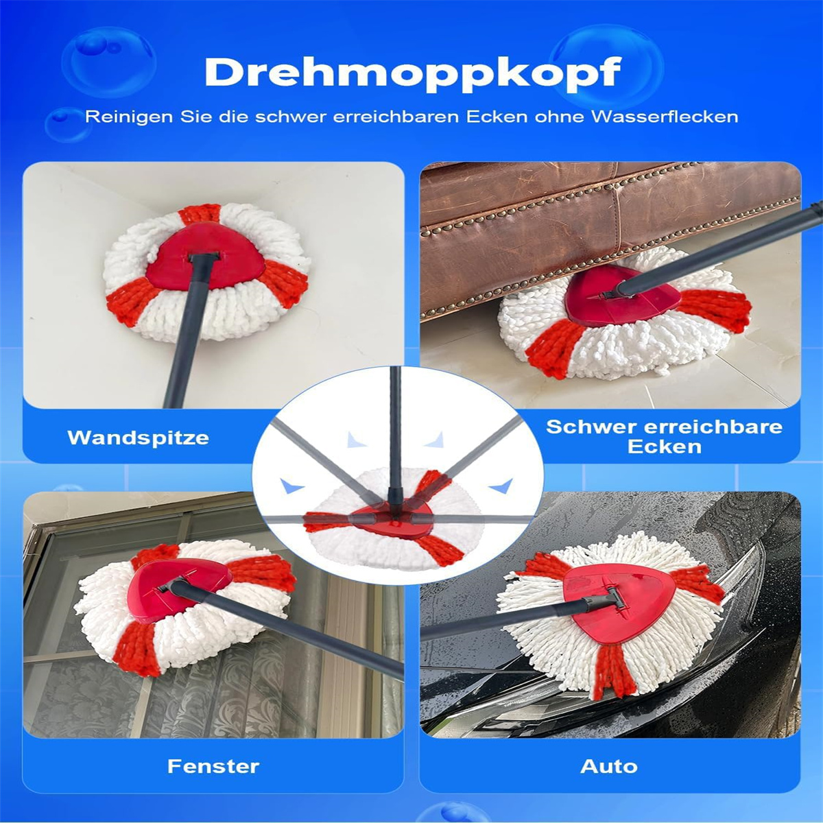 Mopp in verschiedenen Szenarien verwendet. Text auf Deutsch. Weißer und roter Mopp.