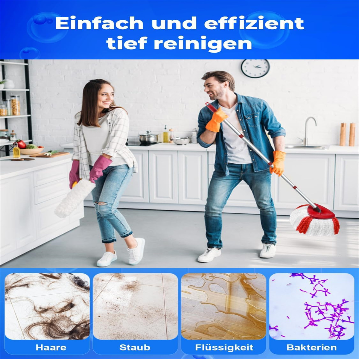 Mann und Frau reinigen eine Küche mit Text über die Reinigung.