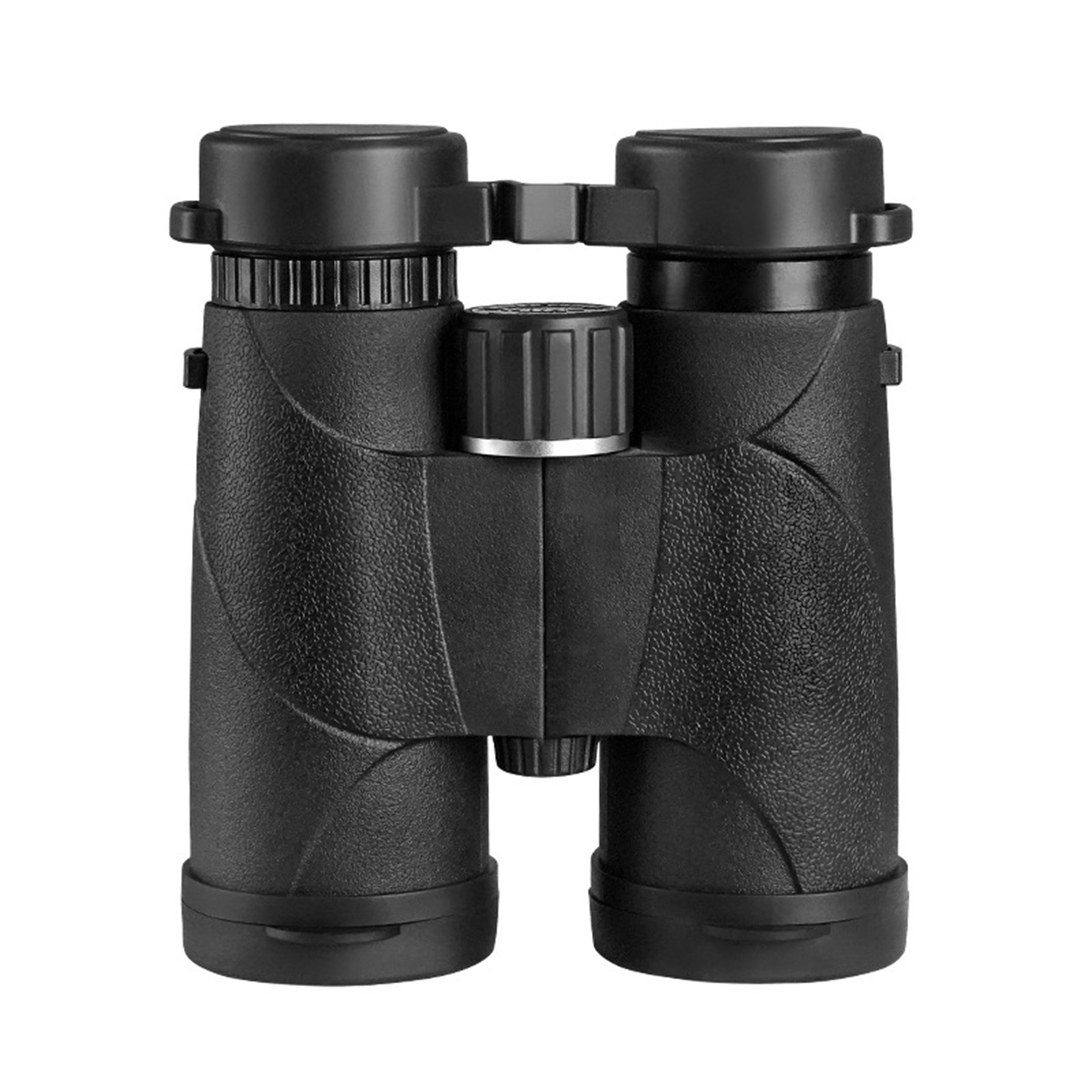 Schwarzes Fernglas, Nahaufnahme. Auf die Frontlinse fokussiert.