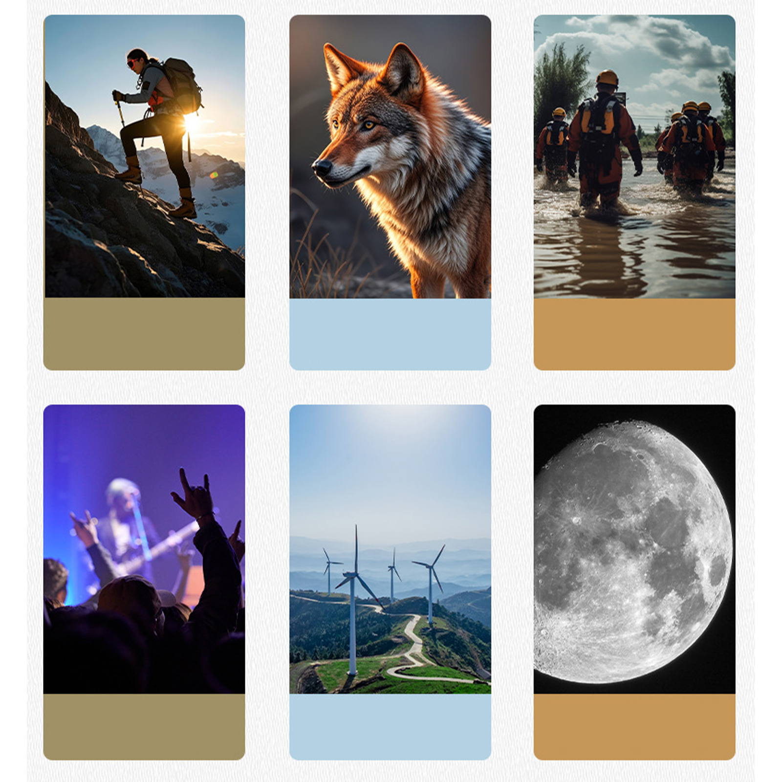 Sechs Bilder: Wanderer, Wolf, Rettungsteam, Konzert, Windräder und der Mond, jeweils vor farbigem HG.