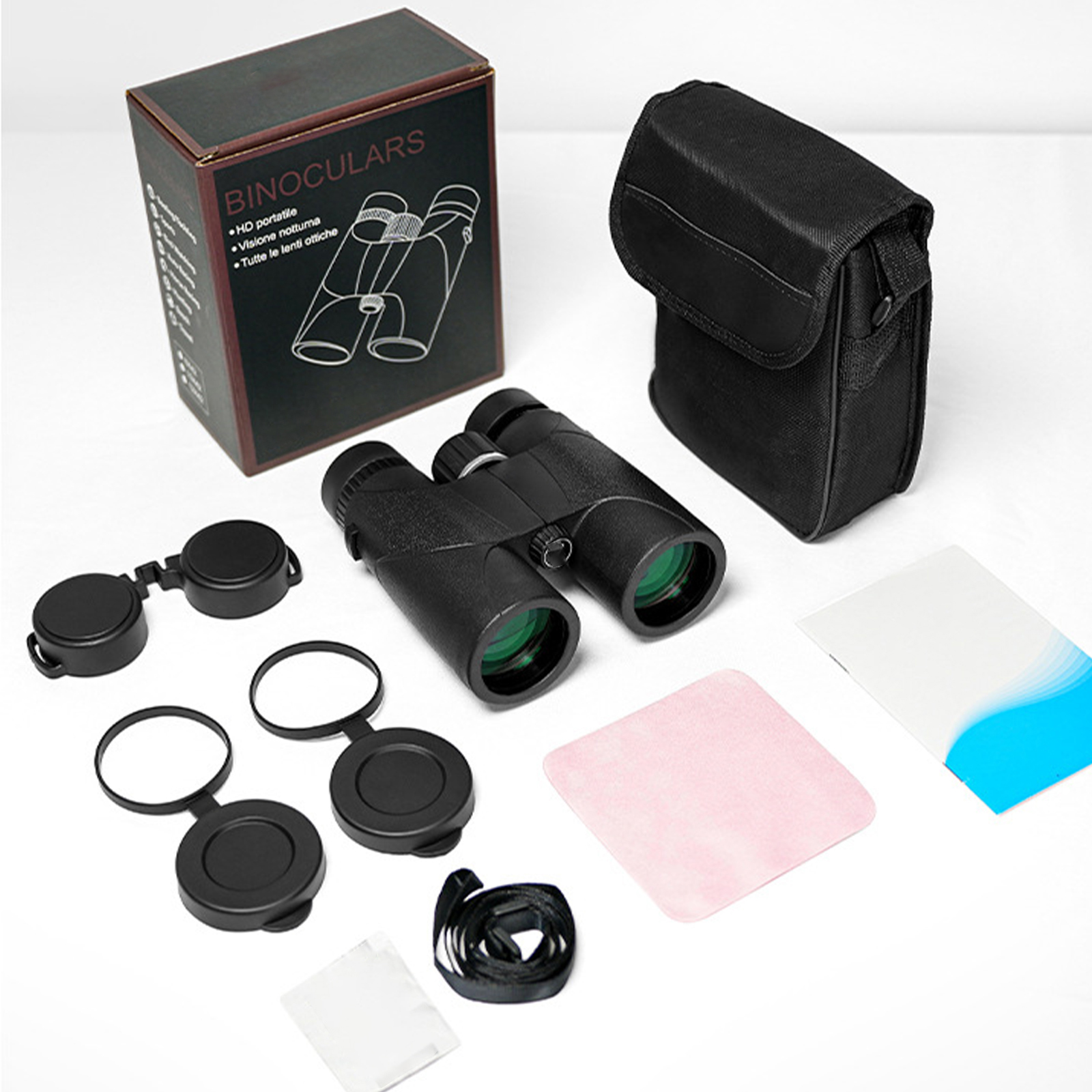 Fernglas mit Zubehör: Box, Etui, Objektivdeckel, Putztuch und Riemen, alles auf weißem Untergrund.