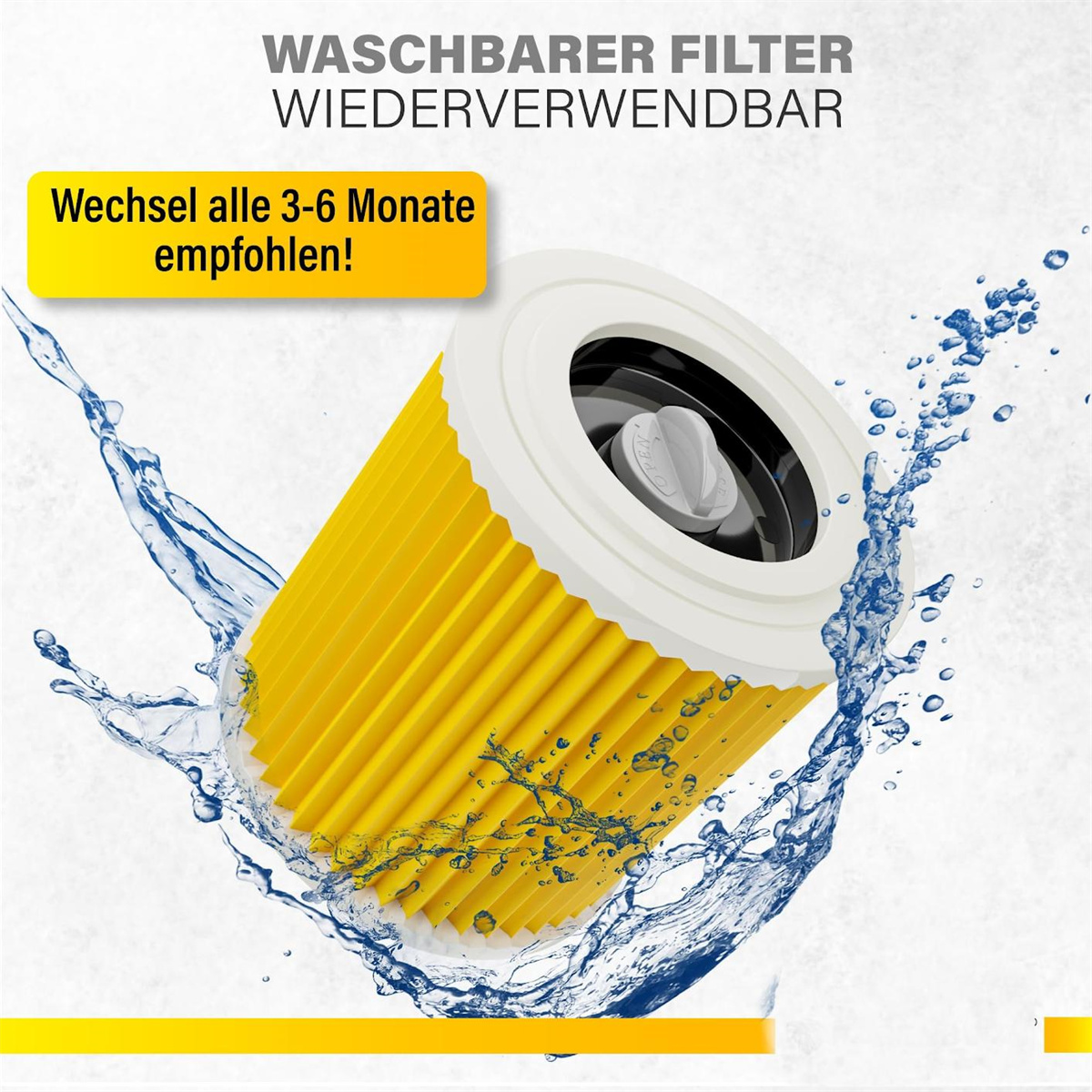 Gelber Filter in Wasser, mit Text 'Waschbarer Filter, Wiederverwendbar'.
