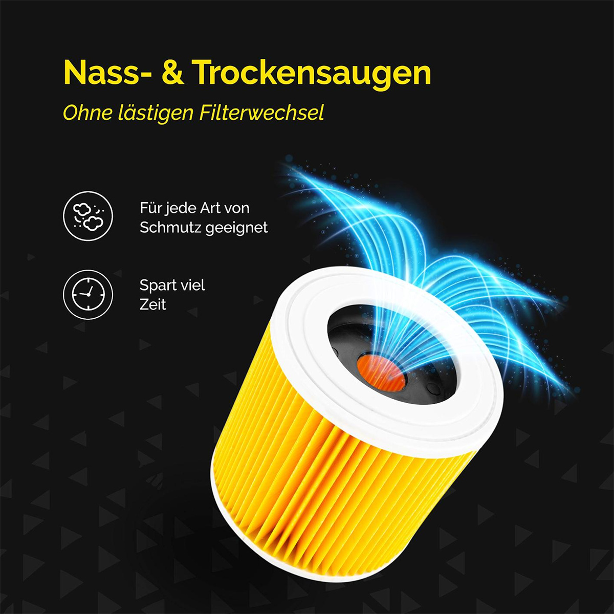 Gelb-weißer Luftfilter mit Text über Nass- & Trockensaugen. Blaue Linien werden gezeigt.