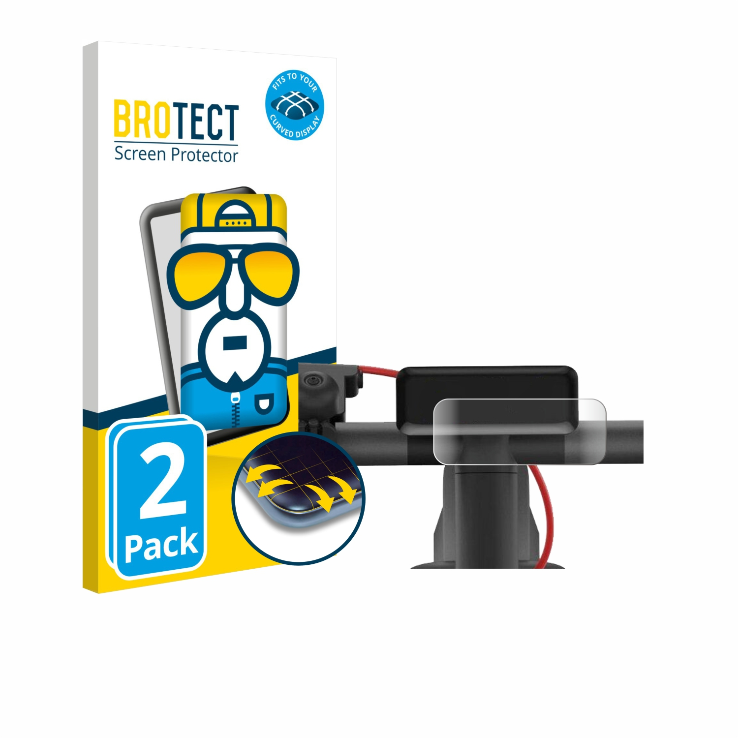Displayschutzfolienpackung mit Telefon und schwarzem Gegenstand auf einer Oberfläche.