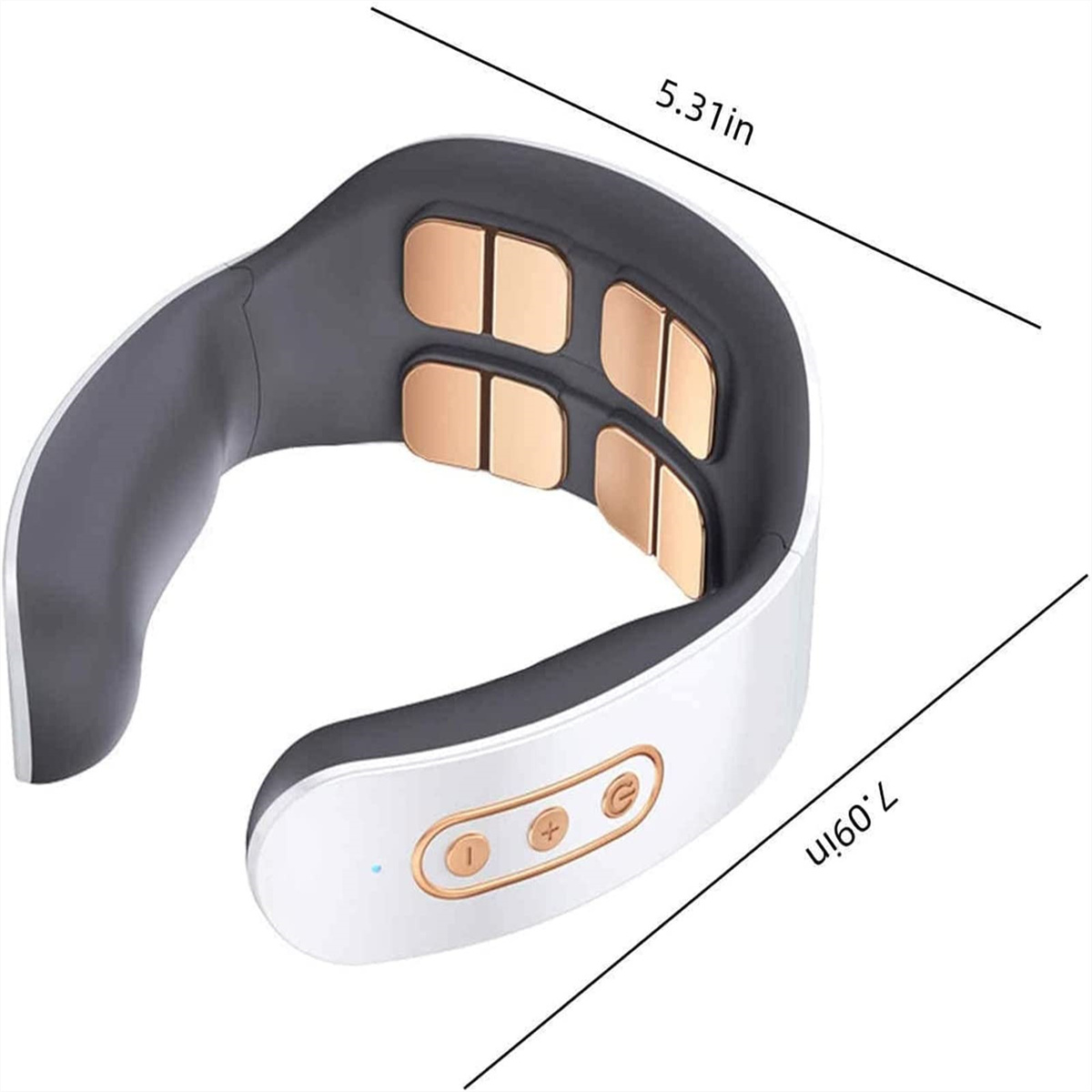 Ein Nackenmassagegerät mit weiß-grauem Design und goldfarbenen Massageknoten. Es hat Knöpfe.