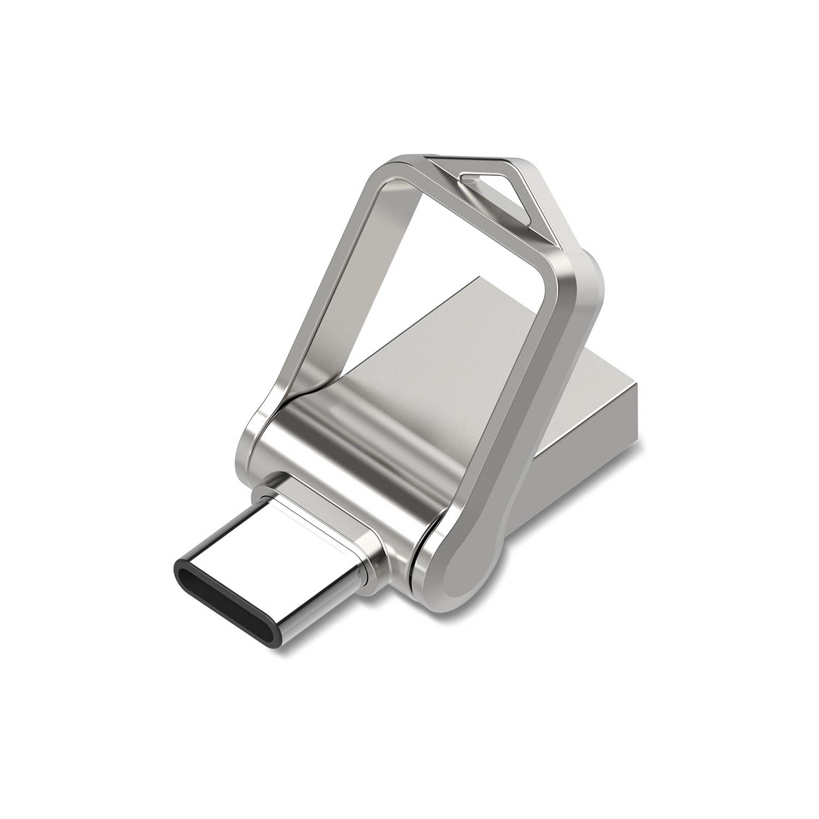Silberner USB-C-Stick. Das Laufwerk hat ein Schleifendesign.