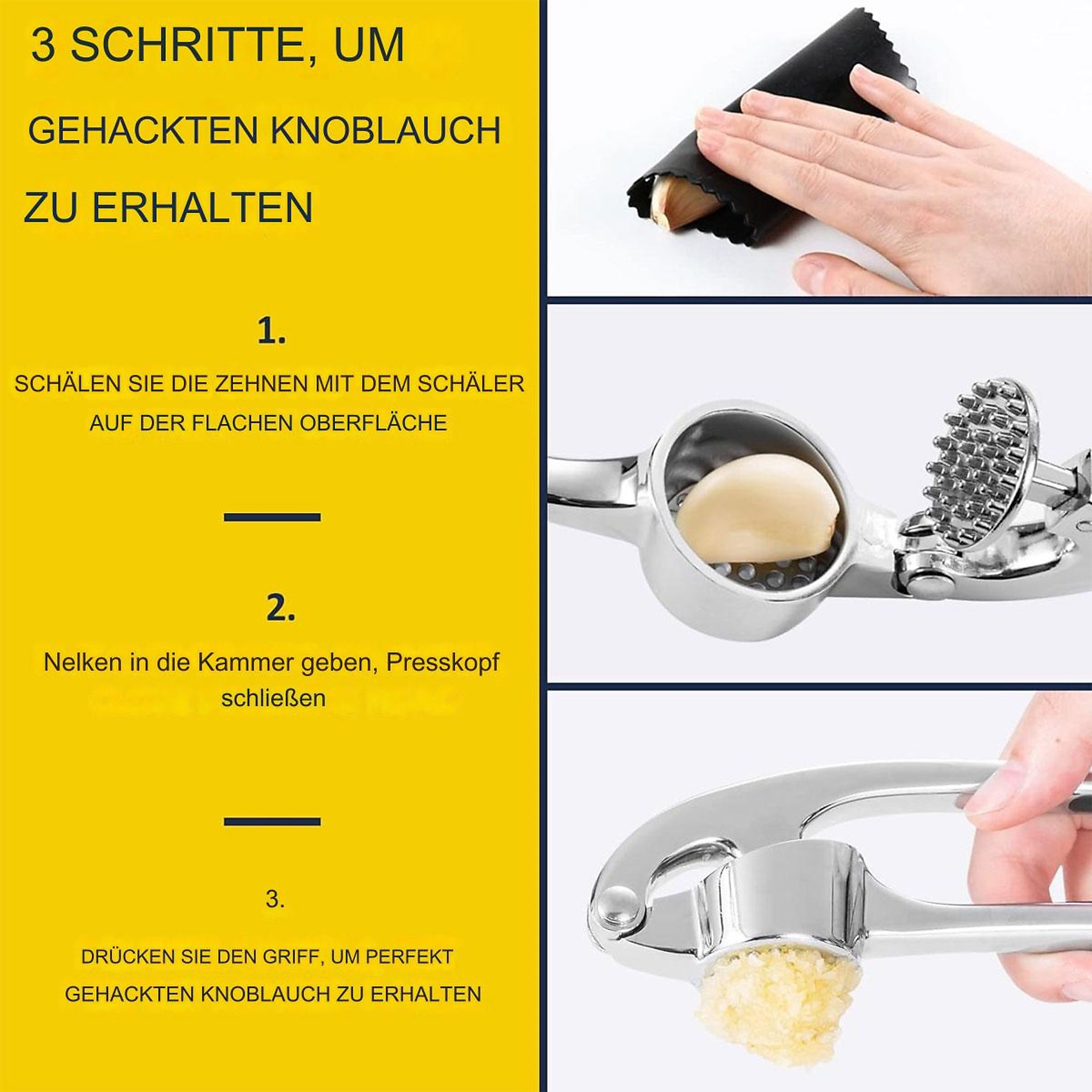 Knoblauchpresse mit Anleitung: schälen, pressen und Knoblauch verwenden.