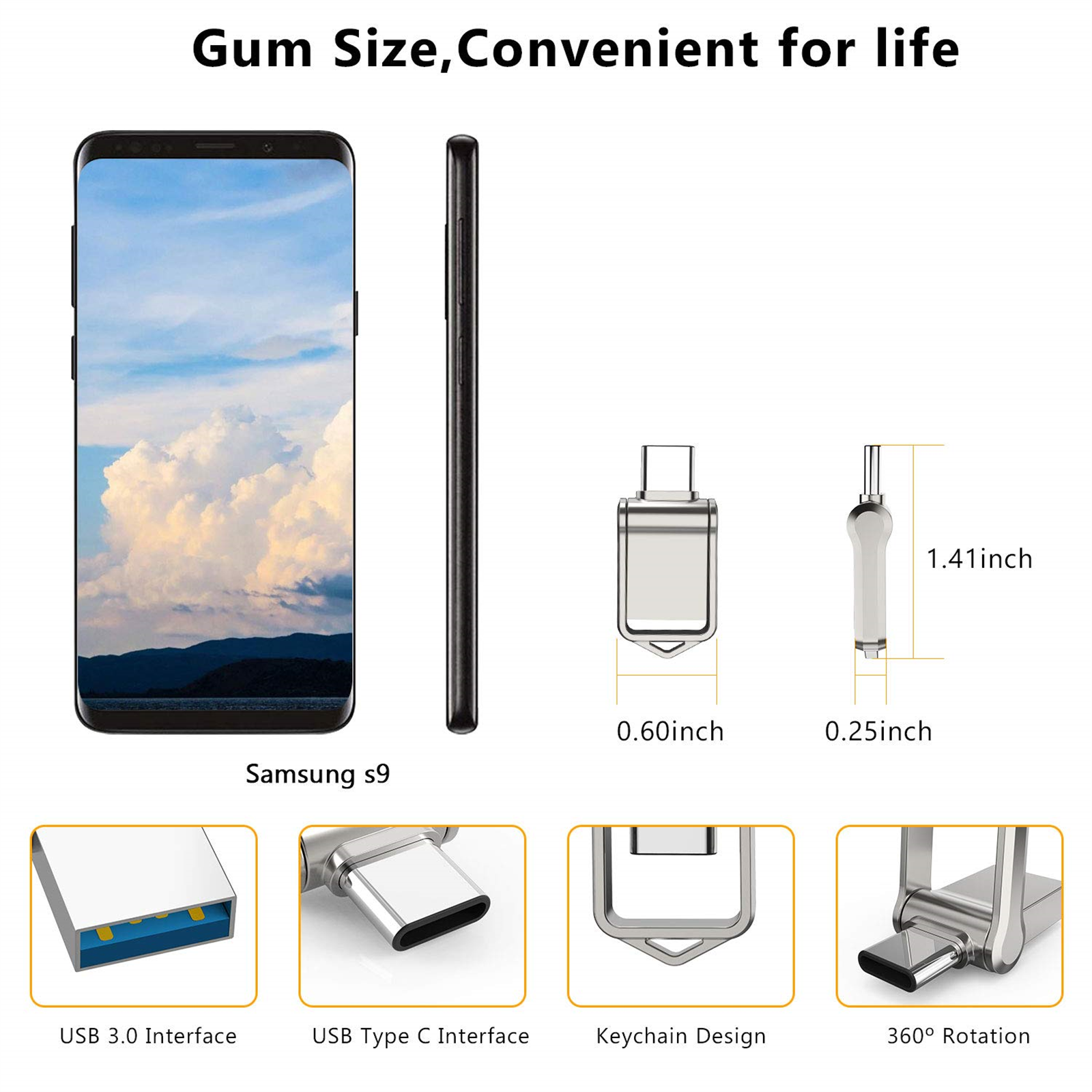 Ein Smartphone mit Zubehör: USB 3.0, USB Typ C, Schlüsselanhänger-Design und 360° Drehung.