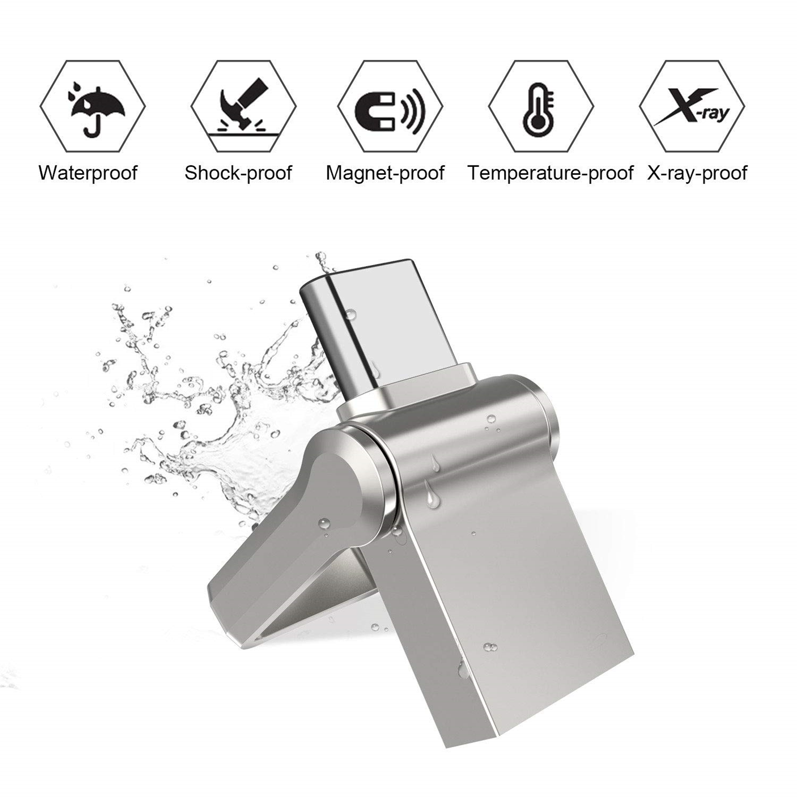 Silberner USB-Stick und Symbole für wasserdicht, stoßfest, magnetisch und röntgensicher.