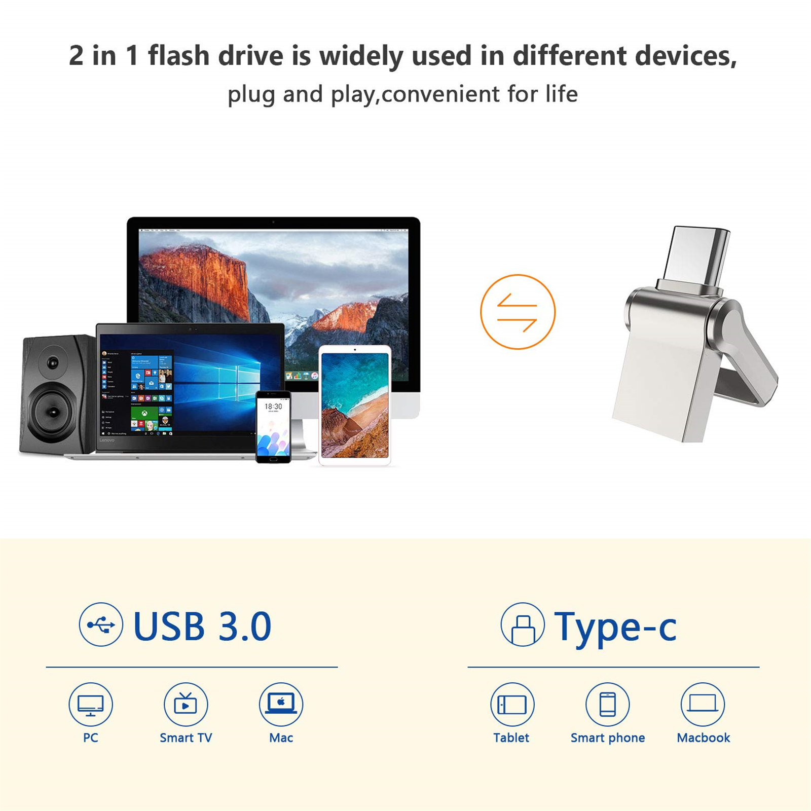 Geräte, darunter ein Laptop, ein Telefon und ein USB-Stick mit USB- und Typ-C-Anschlüssen.