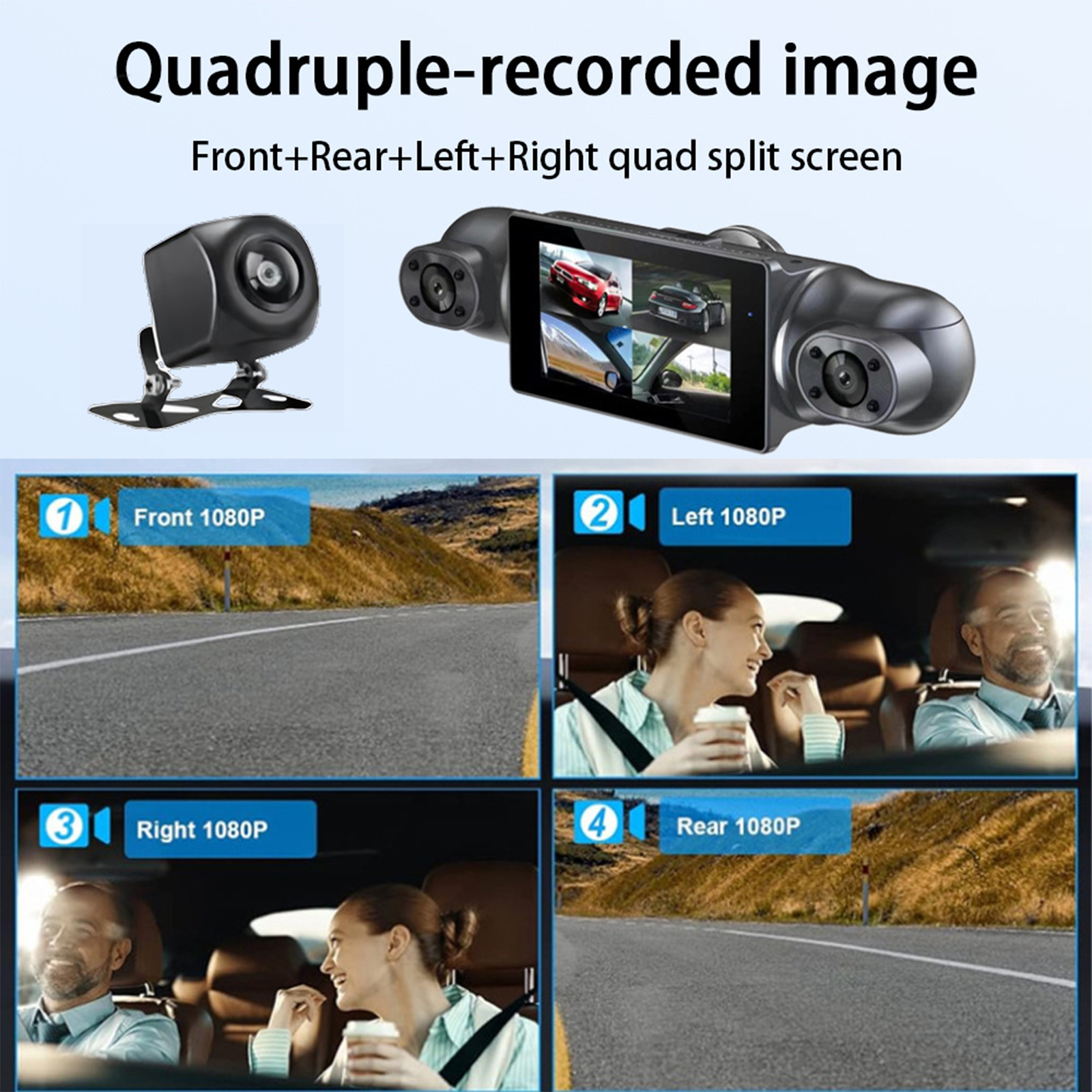Quad-Split-Screen-Anzeige, die Front-, Links-, Rechts- und Heckansicht zeigt.
