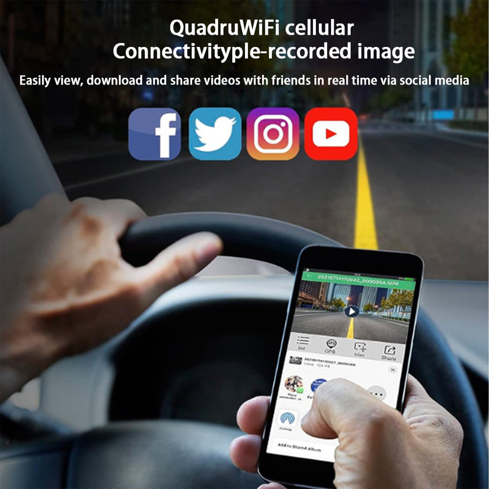 Hand, die ein Telefon mit einer Straße hält, Social-Media-Symbole oben.
