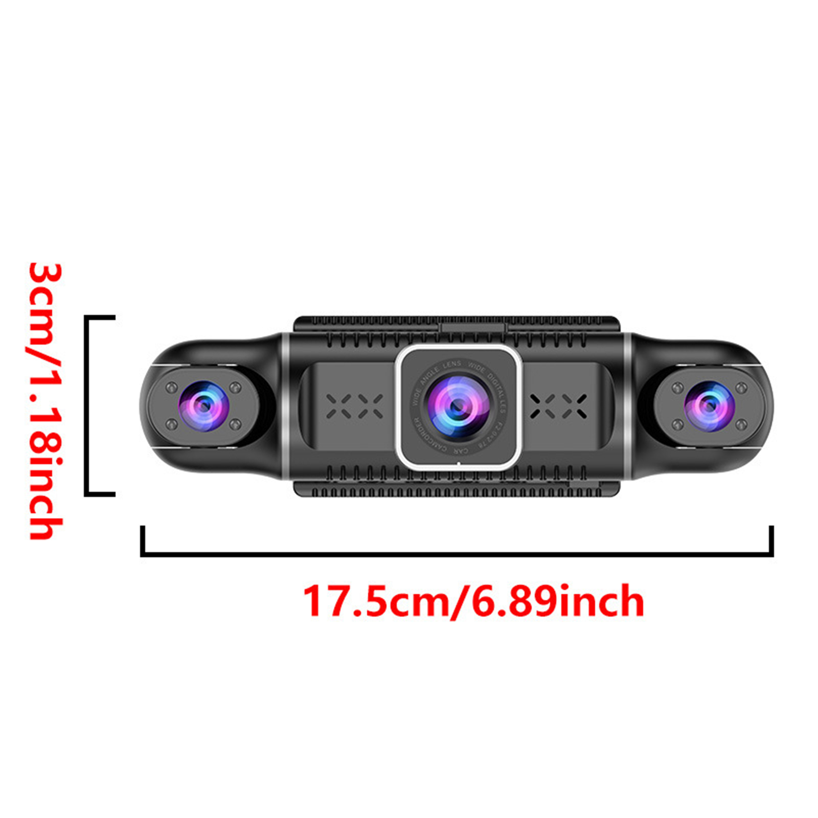 Ein Dashcam mit Dual-Kamera-Setup. Abmessungen: 3cm/1.18inch x 17.5cm/6.89inch.