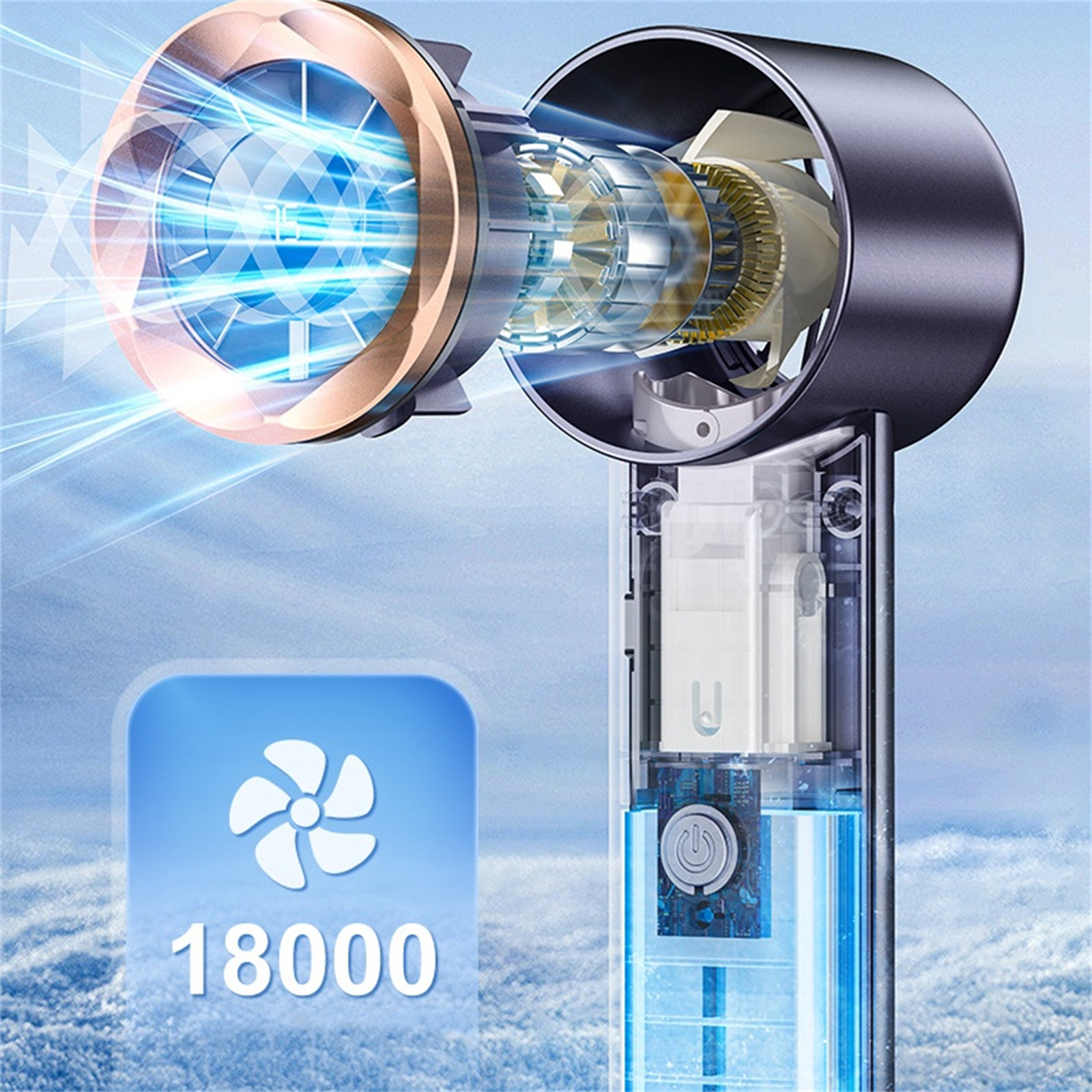 Ein Gerät mit einem Ventilator wird mit einer blauen Grafik und dem Text: 18000 gezeigt.
