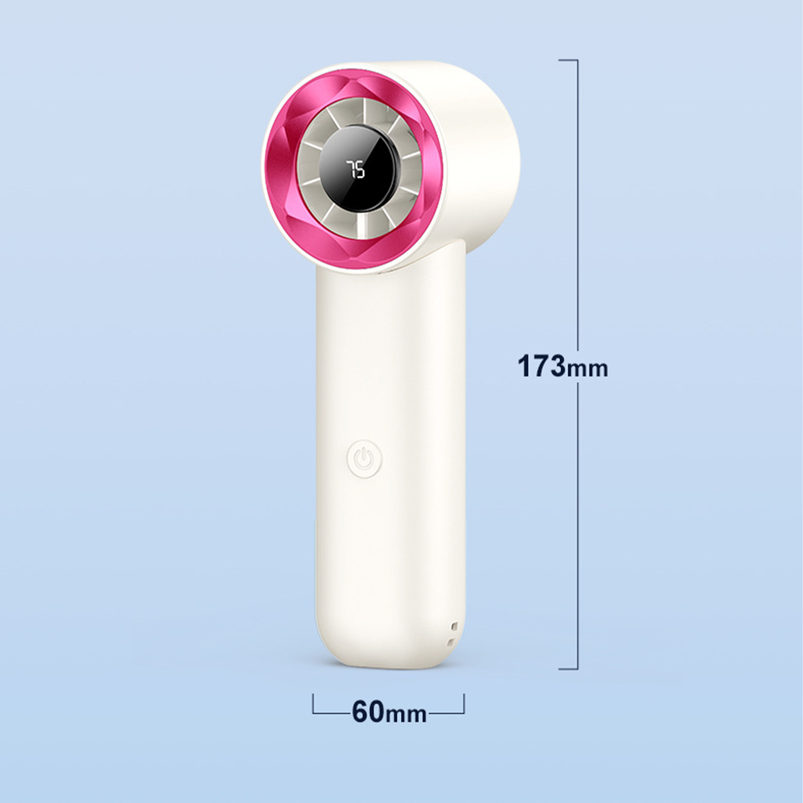 Weiß-rosa Handventilator. Abmessungen: 173 mm Höhe, 60 mm Breite. Der Bildschirm zeigt 75.