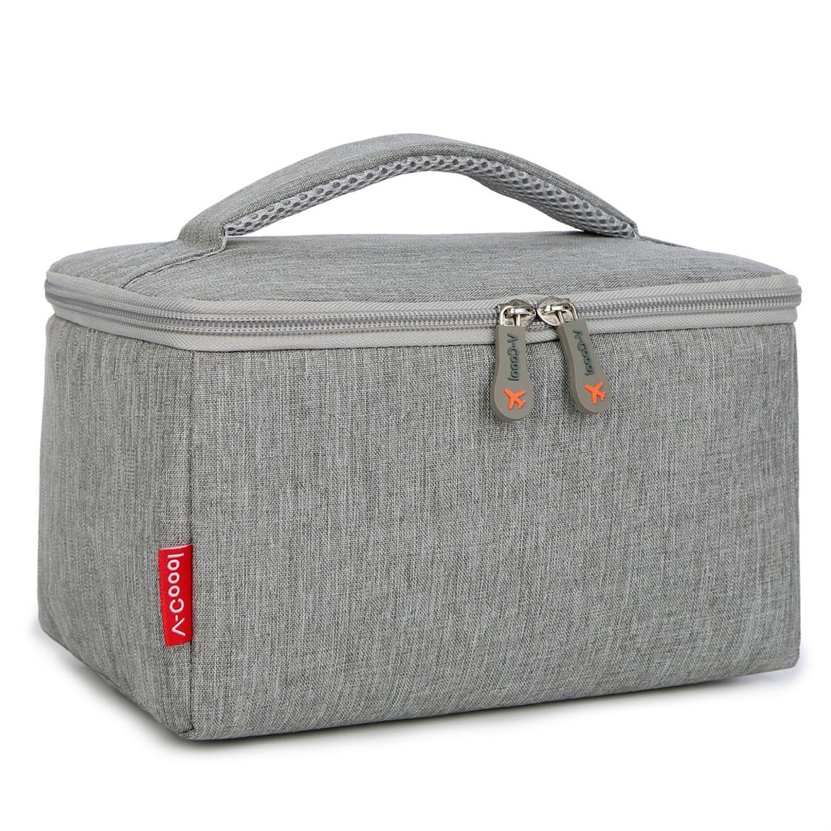 Eine graue isolierte Lunchtasche mit zwei Reißverschlüssen und einem Griff.