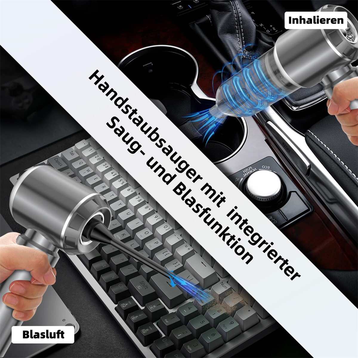 Ein Handstaubsauger reinigt eine Tastatur. Text: 'Handstaubsauger mit integrierter Saug- und Blasfunktion'.