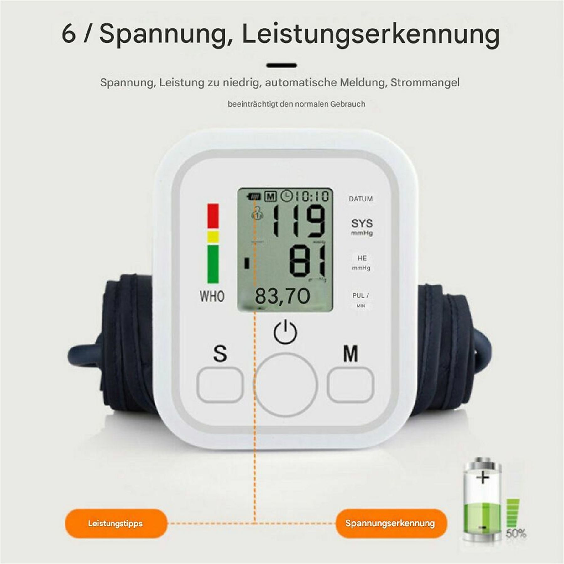 Blutdruckmessgerät, das Messwerte mit Symbolen und Textbezeichnungen anzeigt.