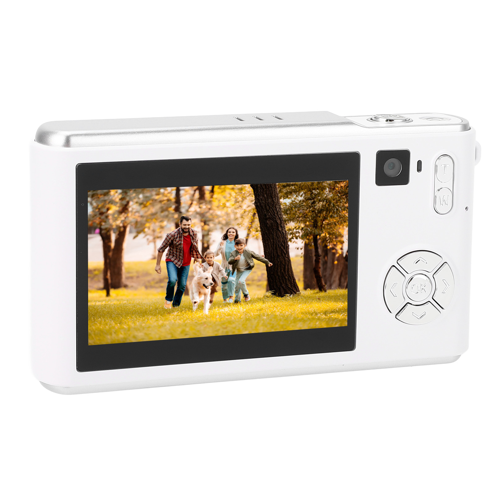 Eine weiße Digitalkamera, die auf ihrem Bildschirm ein Familienfoto anzeigt. Eine Familie rennt auf Gras.