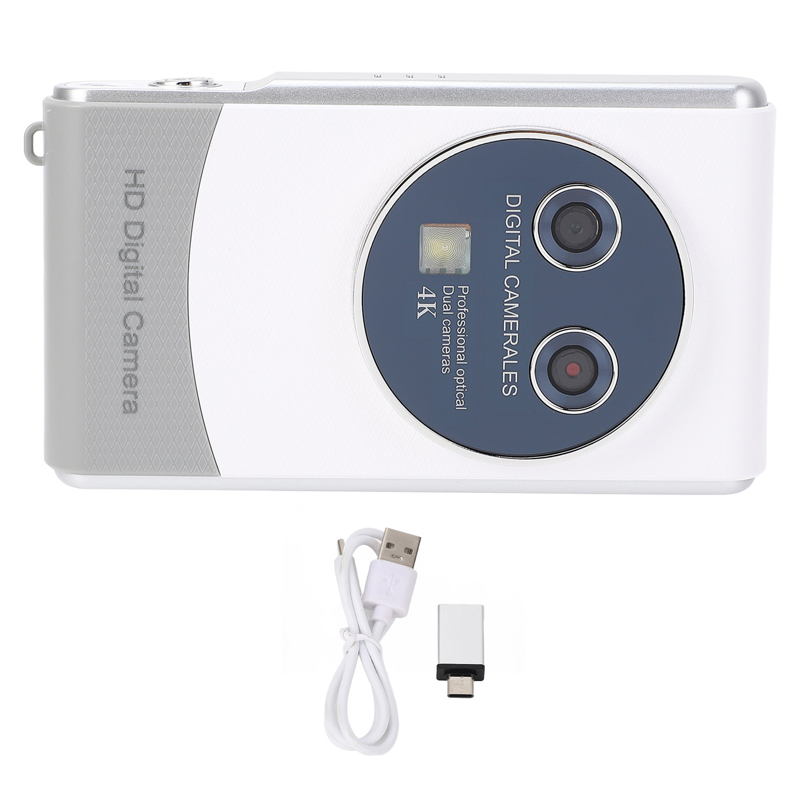 Weiße und graue Digitalkamera mit zwei Objektiven. USB-Kabel und Adapter vorhanden.