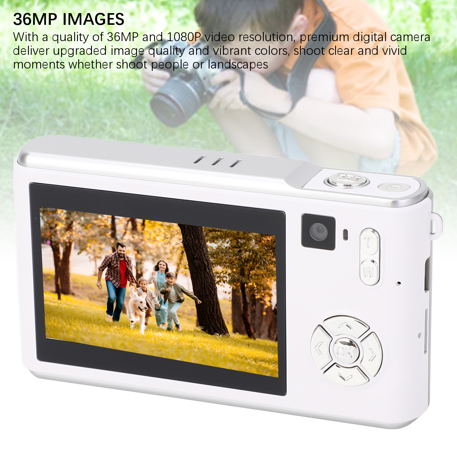 Eine weiße Digitalkamera mit einem Bildschirm zeigt eine Familie, die auf einem Feld rennt, eine Person im Hintergrund.