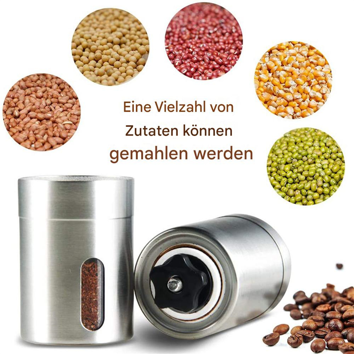 Metallmühle mit verschiedenen Körnern: Erdnüsse, rote Bohnen, Mais, grüne Bohnen und Kaffeebohnen.