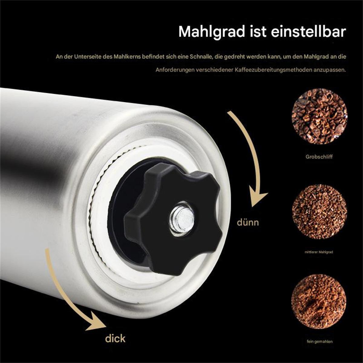 Eine Kaffeemühle zeigt einstellbare Mahlgrade: grob, mittel und fein.