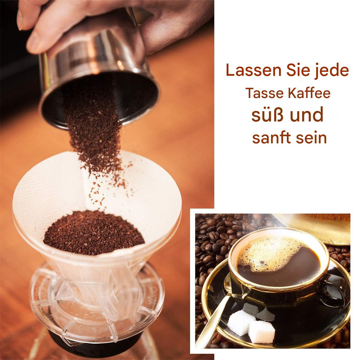 Eine Person gießt Kaffeepulver in einen Filter, mit einer Tasse Kaffee auf einem Tisch.