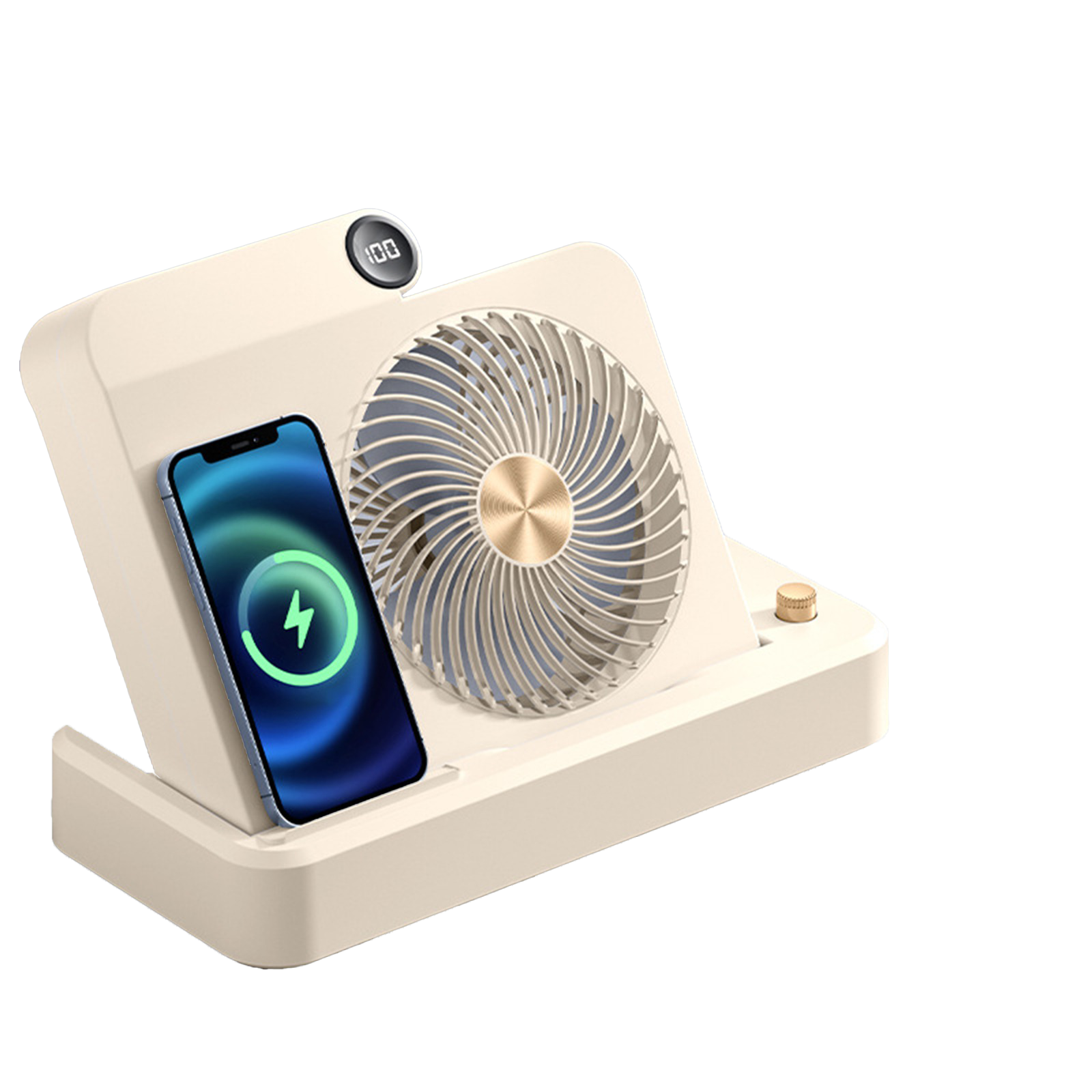 Weiß-beiger Ständer mit Telefon. Ein Ventilator in der Mitte, Ladesymbol sichtbar.
