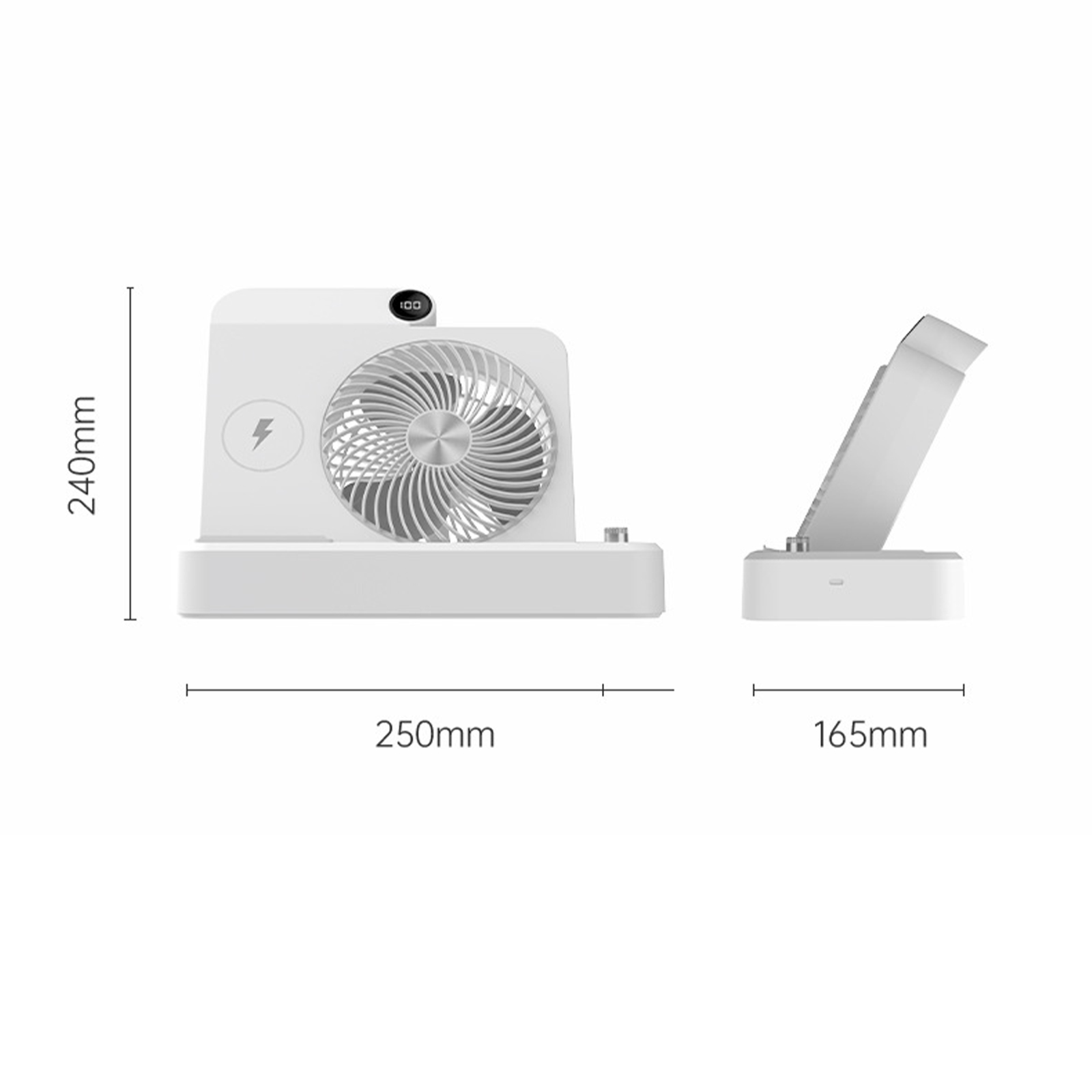 Ein weißer Ventilator und Ladegerät mit Abmessungen und Seitenansicht.