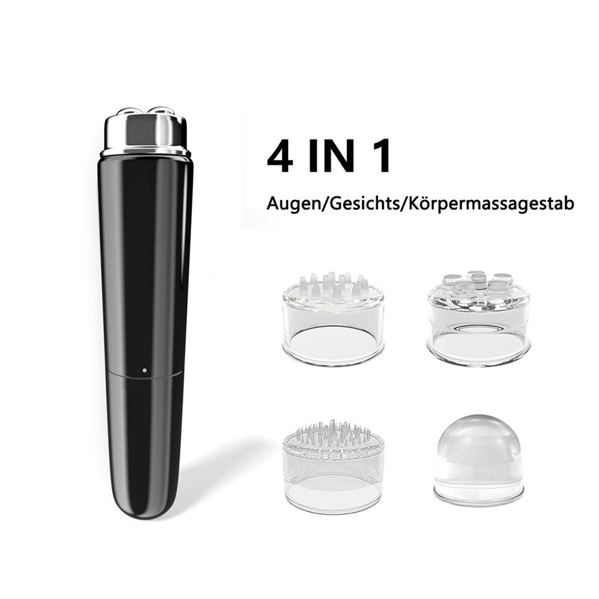 Schwarzes Gesichtsmassagegerät mit mehreren Aufsätzen, für Augen, Gesicht und Körper.